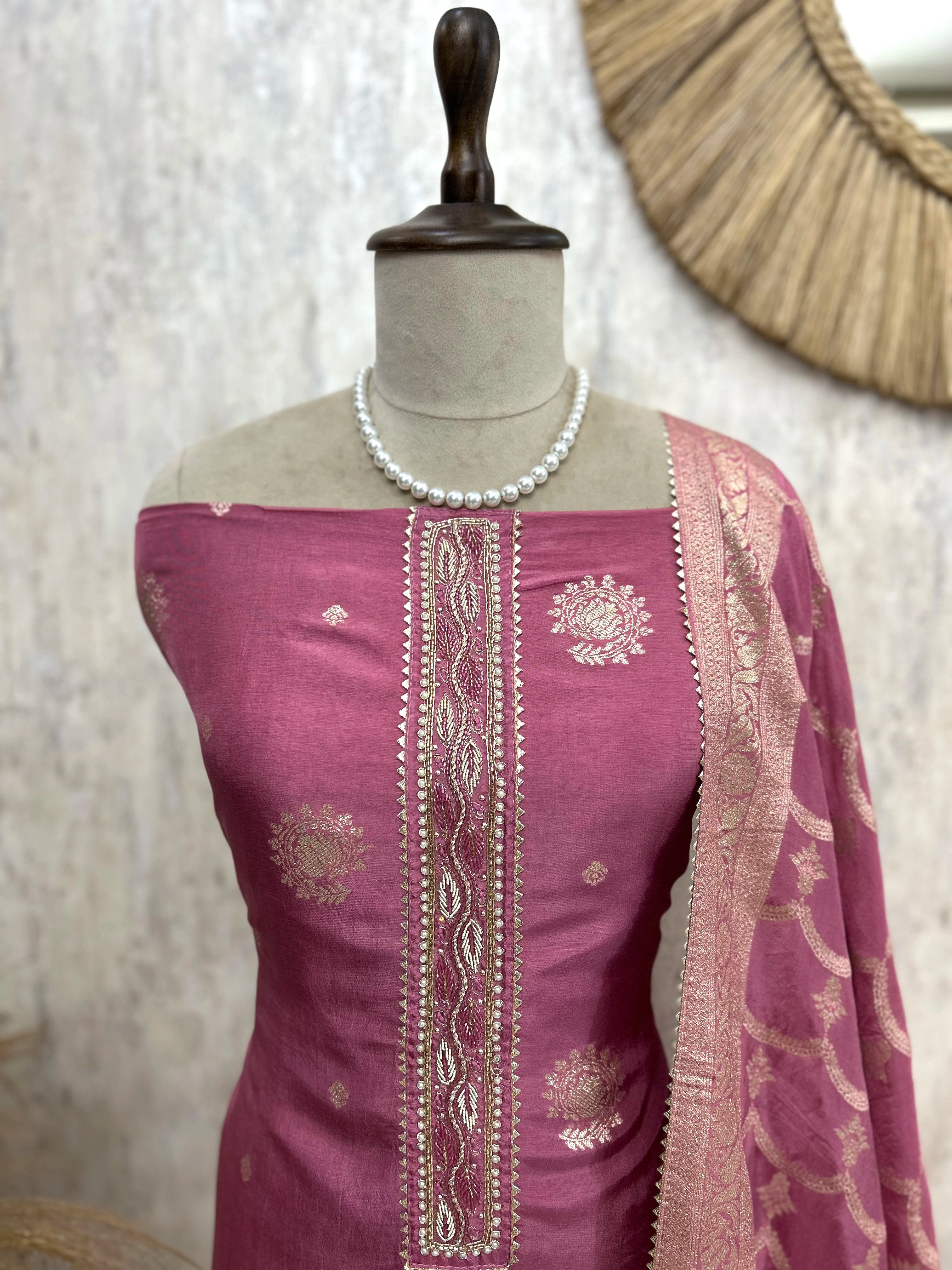 Dola Silk Unstitched Suit Set With Banarasi Weave