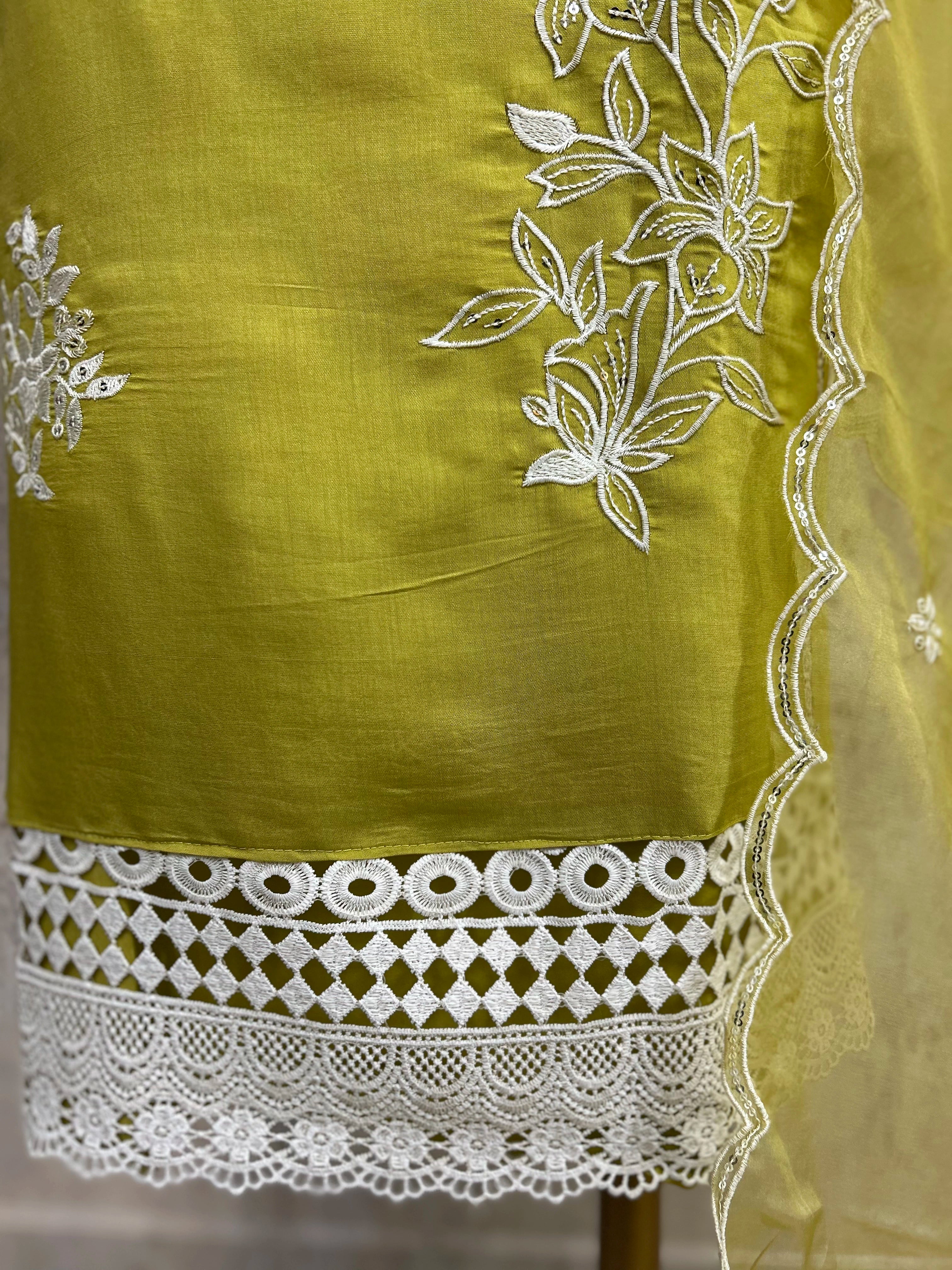 Modal Unstitched Suit Set With Floral Embroidery