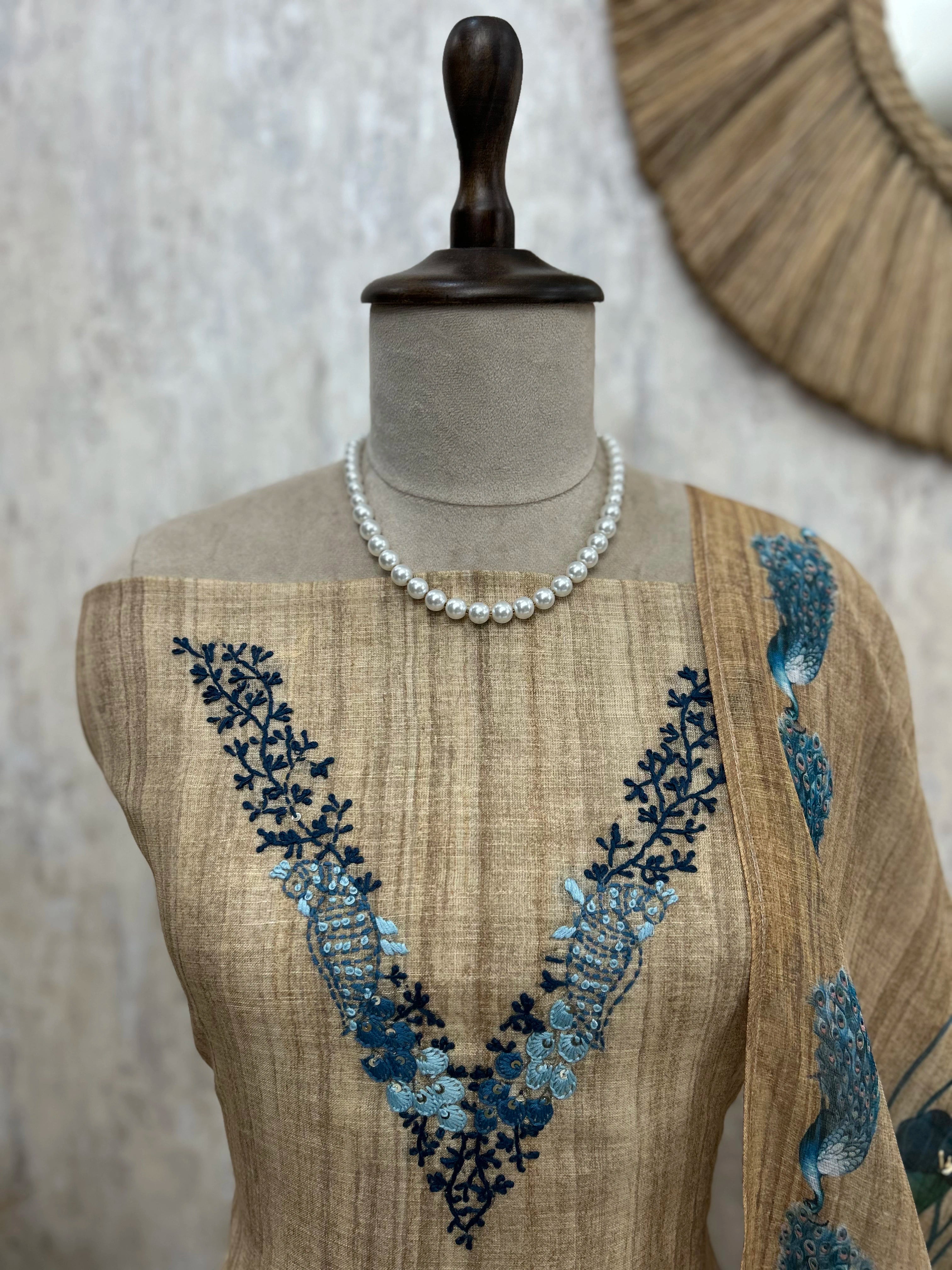 Peacock Print Linen Unstitched Suit Set