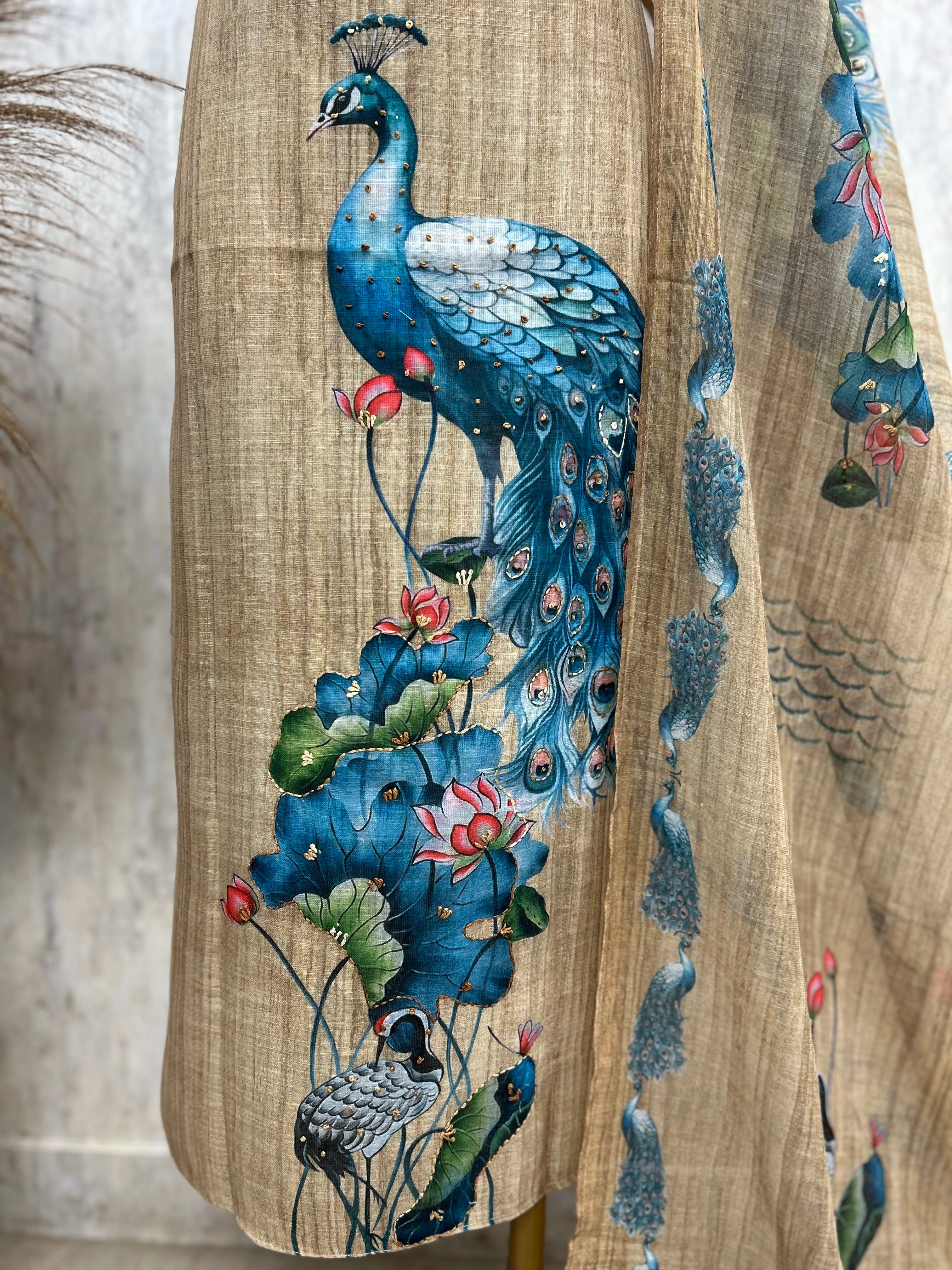 Peacock Print Linen Unstitched Suit Set