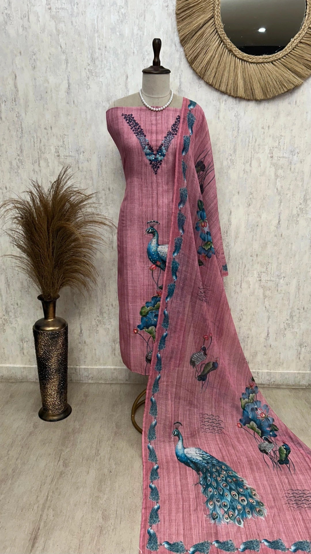 Peacock Print Linen Unstitched Suit Set