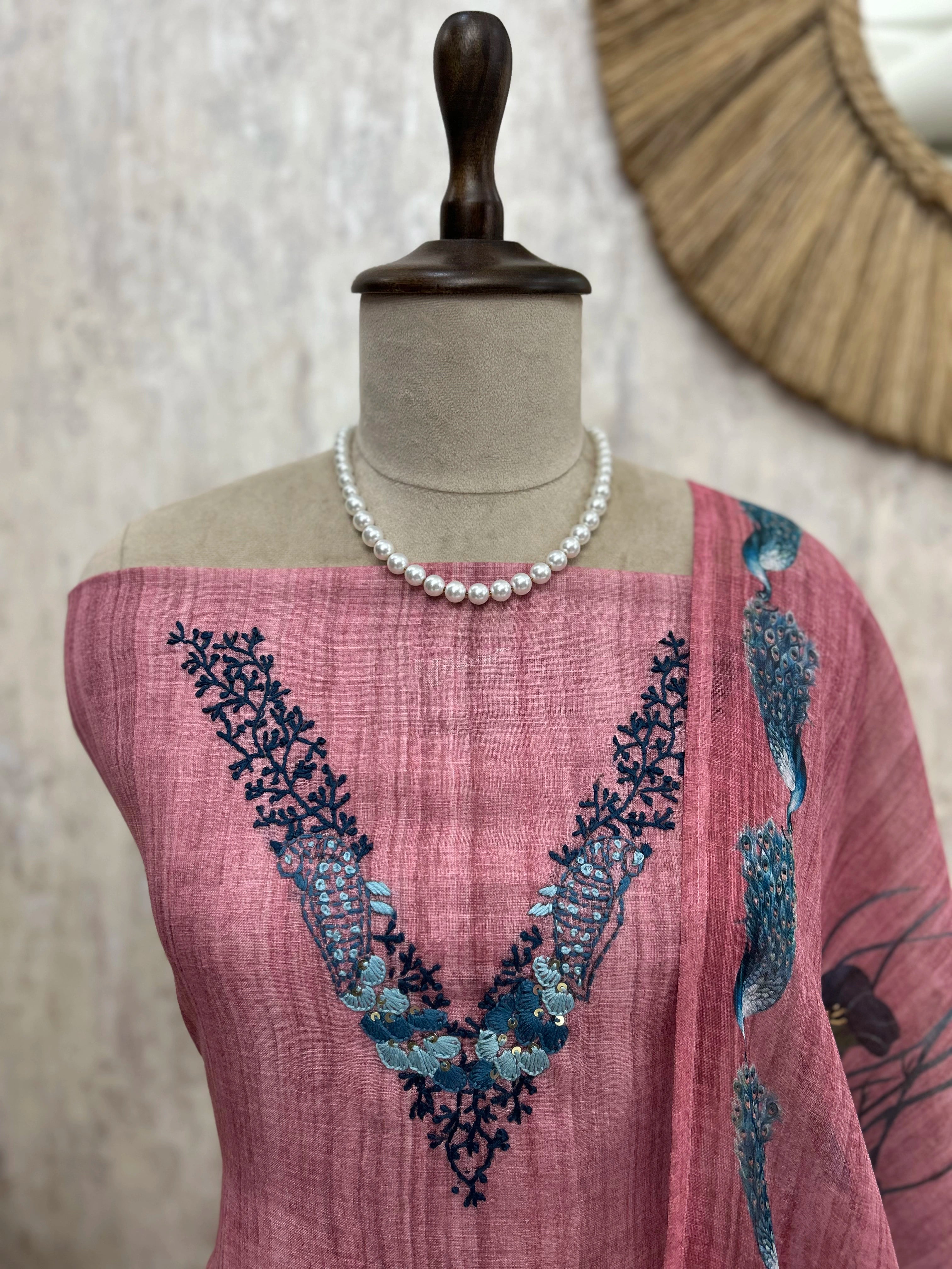 Peacock Print Linen Unstitched Suit Set