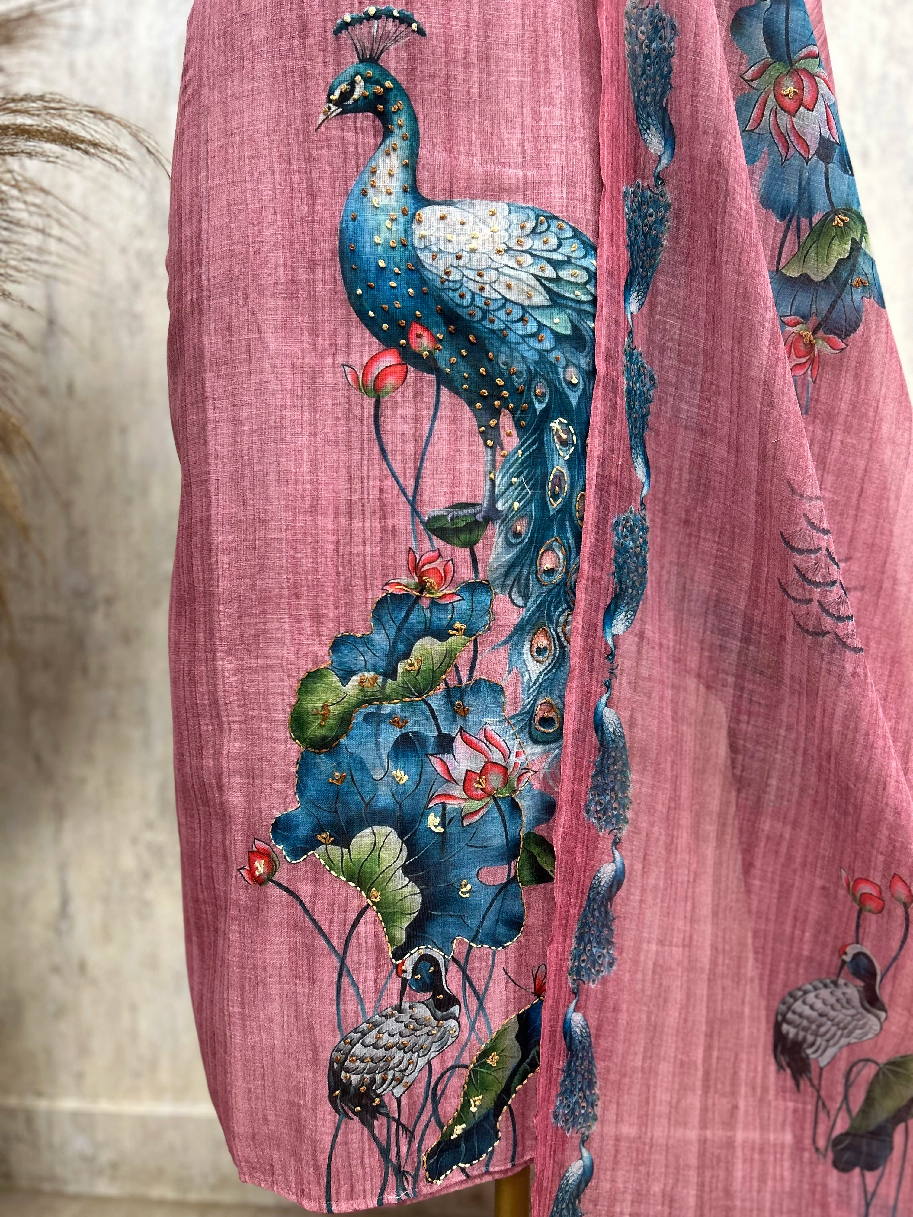 Peacock Print Linen Unstitched Suit Set
