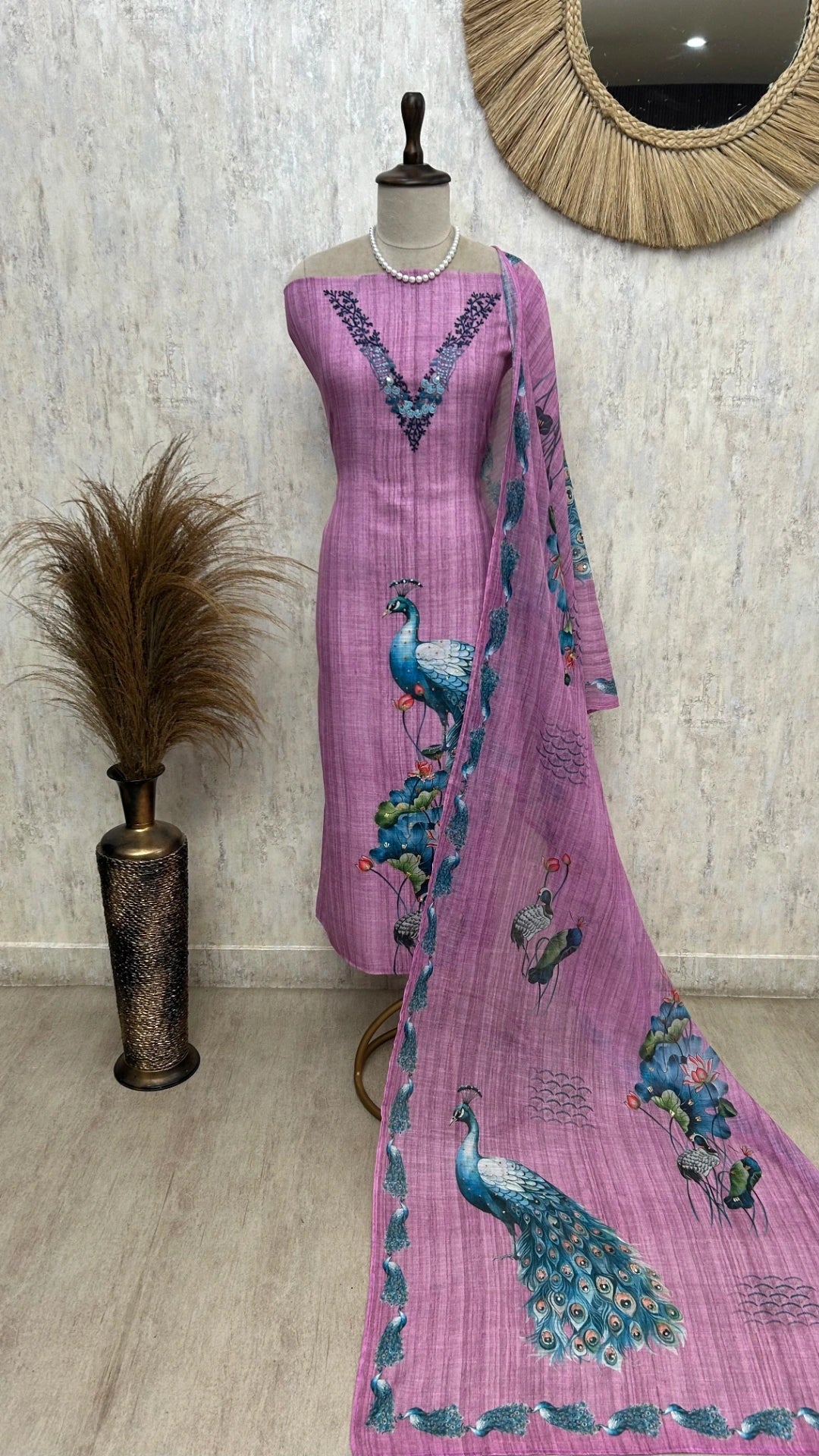 Peacock Print Linen Unstitched Suit Set