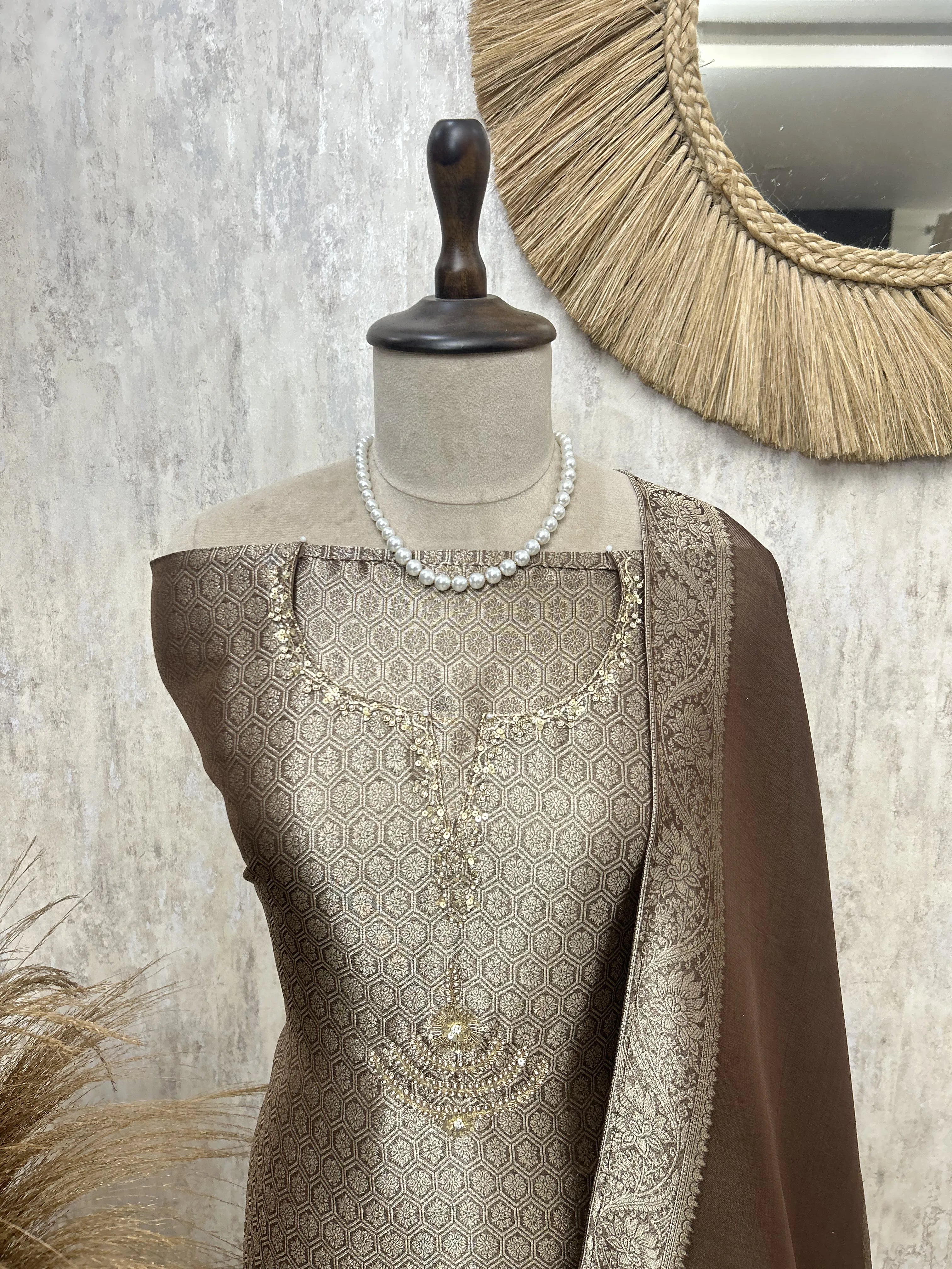 Classic Gold Brocade Unstiched Suit