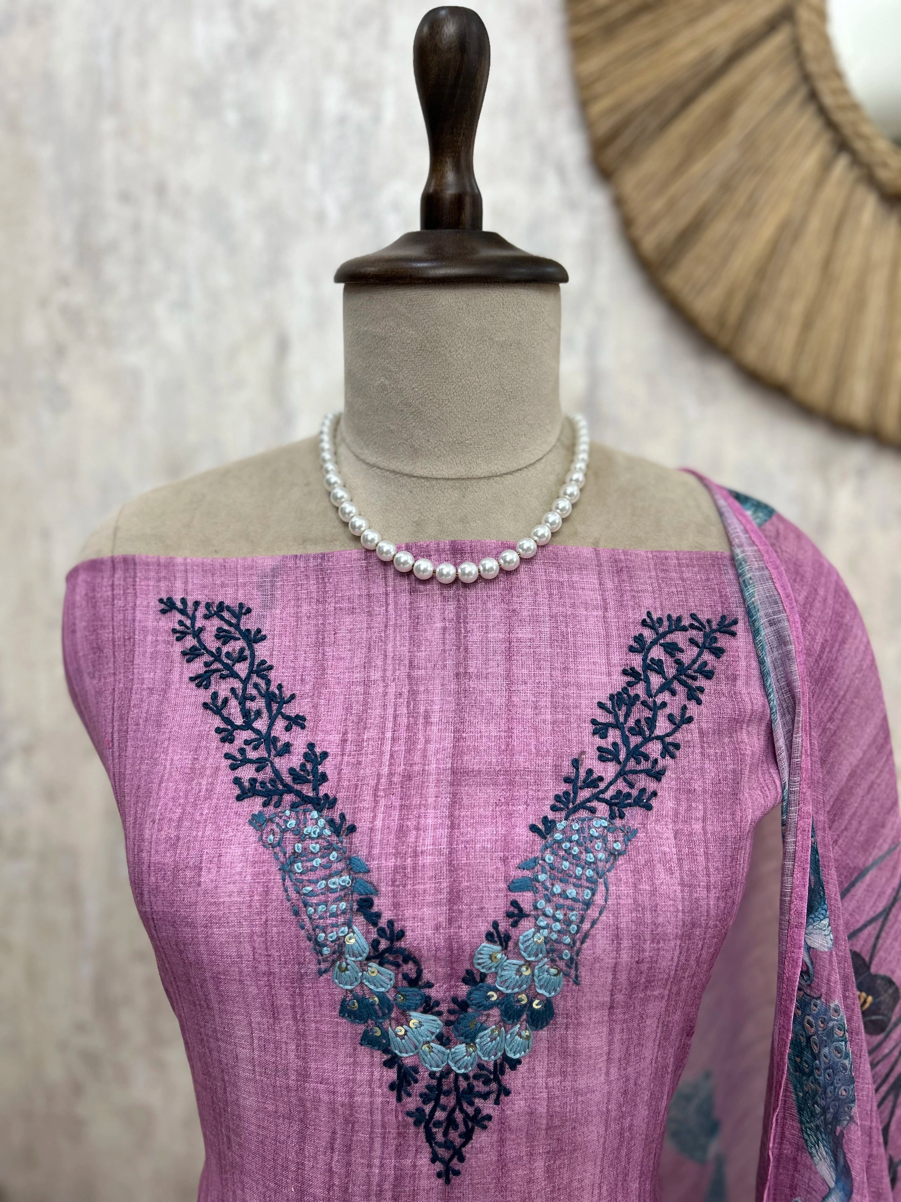 Peacock Print Linen Unstitched Suit Set