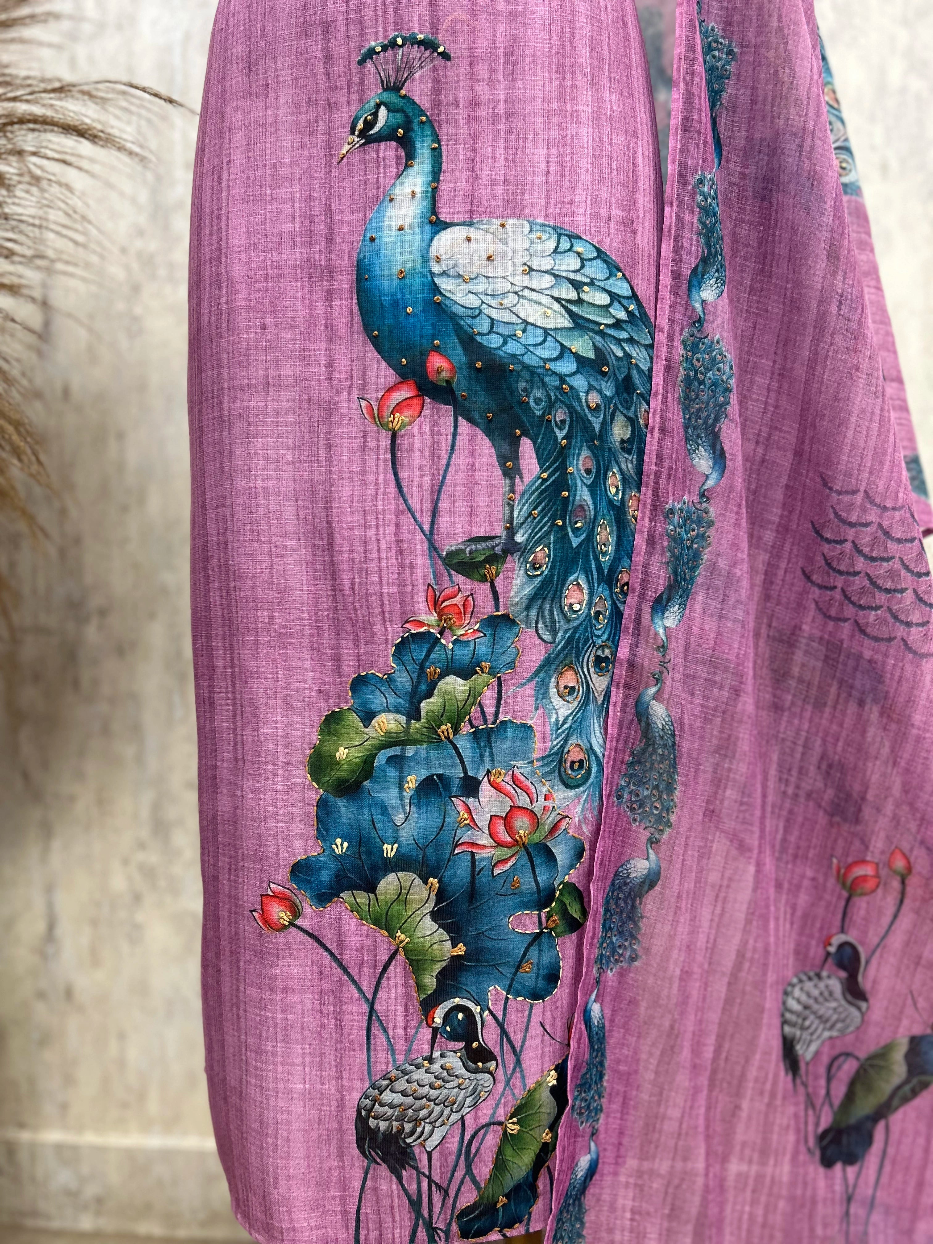 Peacock Print Linen Unstitched Suit Set