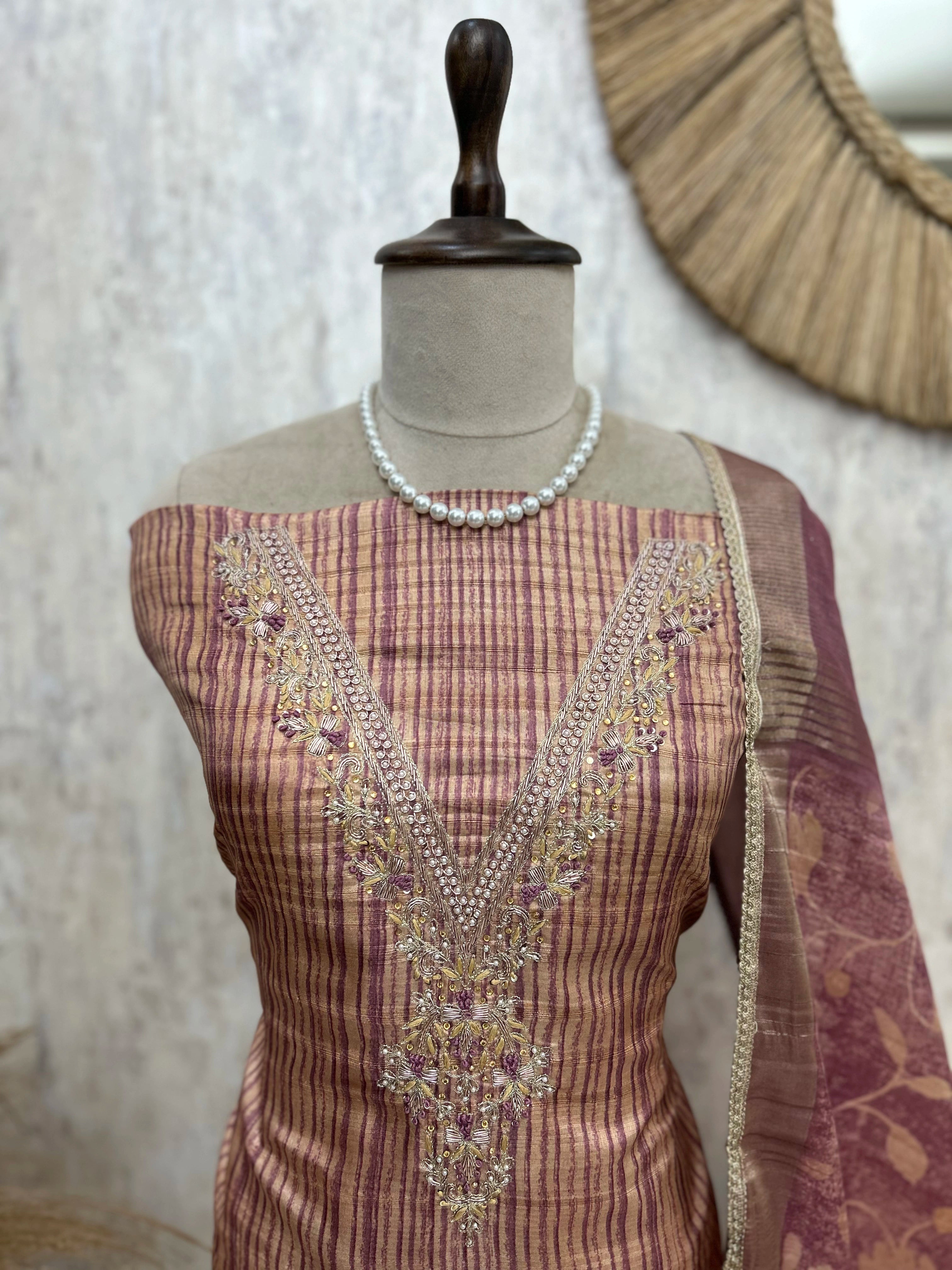 Tussar Silk Unstitched Suit Set With Embroidered Neckline