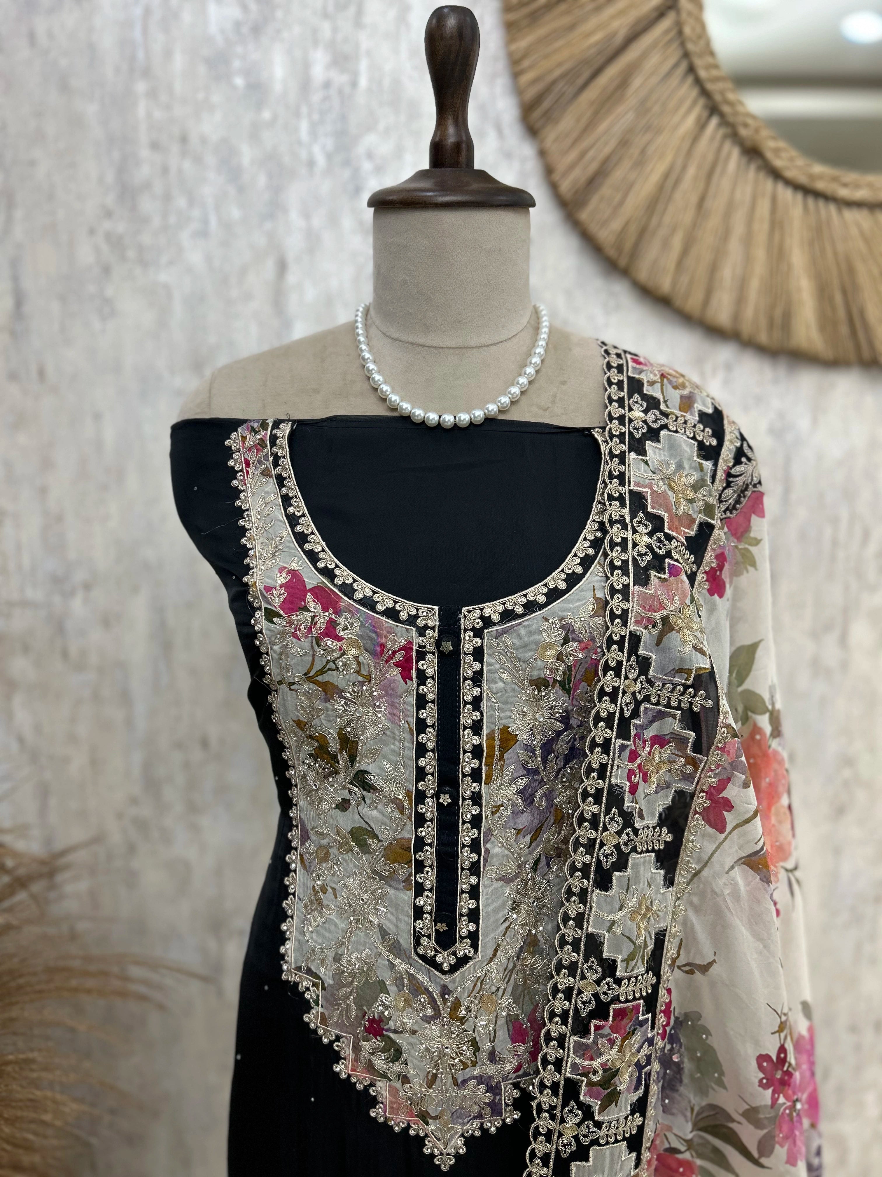 Organza Unstitched Suit Set With Zari Embroidery