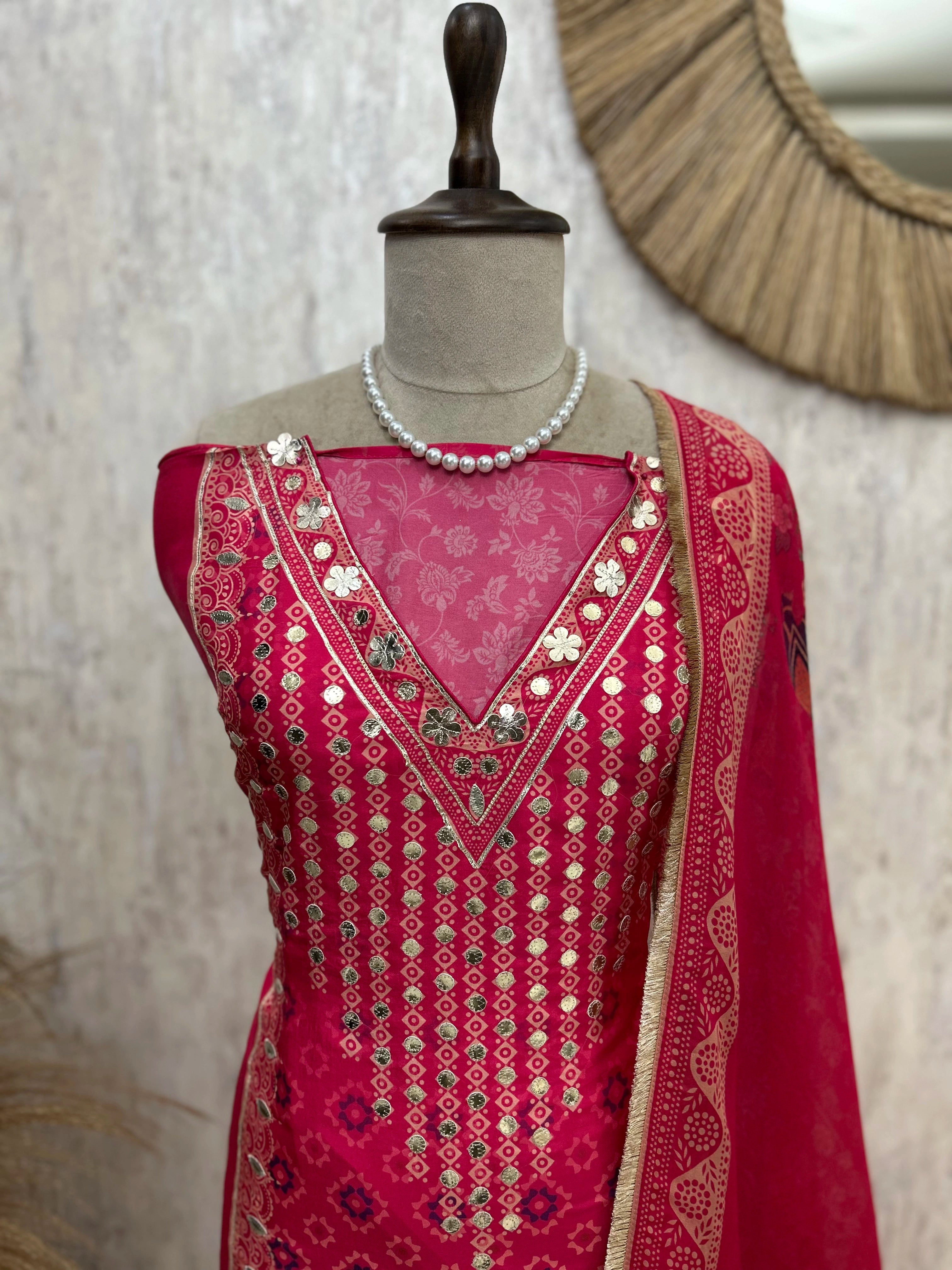 Russian Crepe Unstitched Suit Set With Leather Work