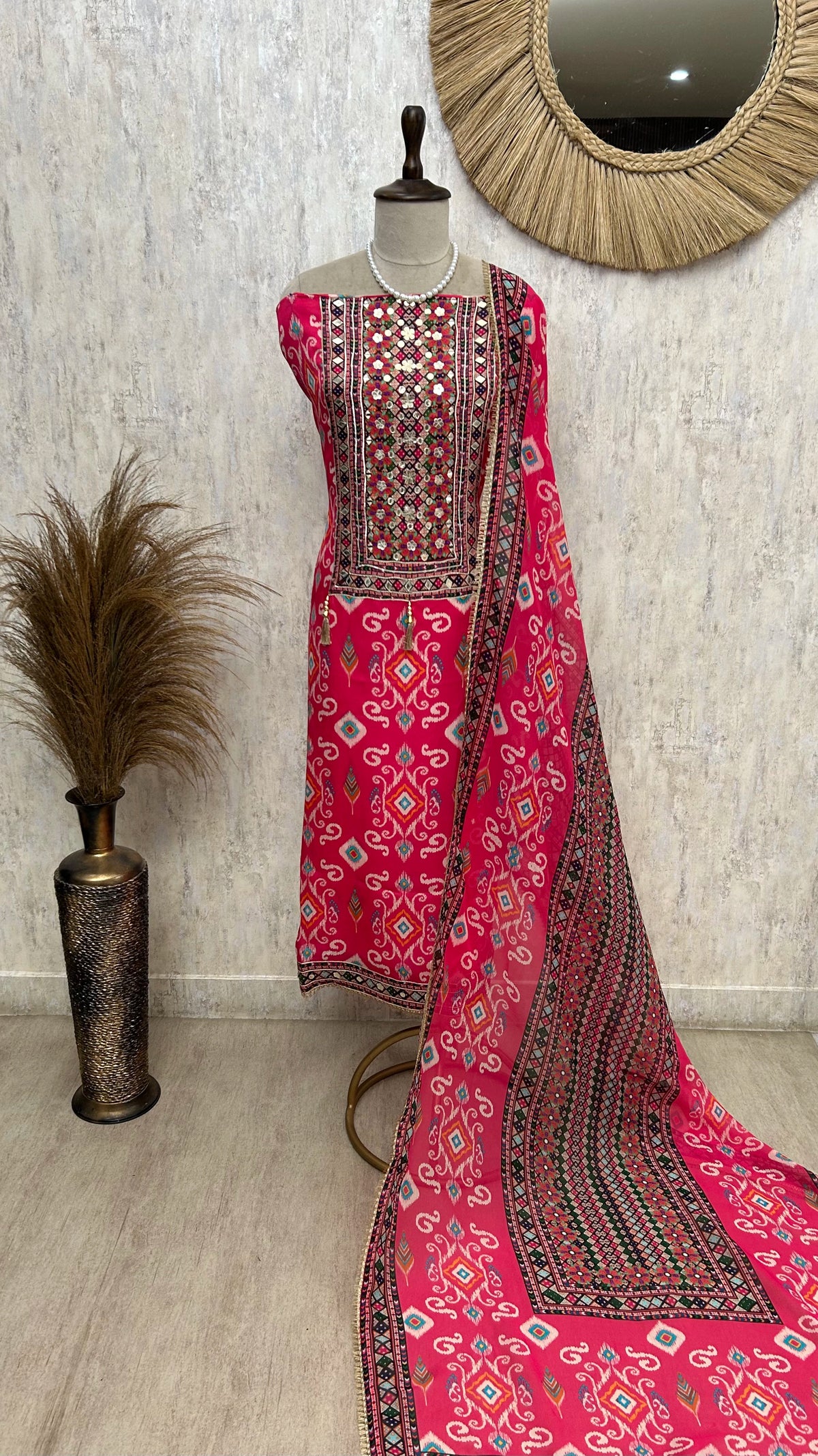 Russian Crepe Unstitched Suit Set Leather Work