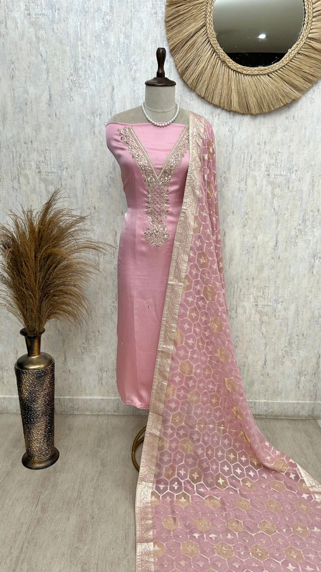 Tissue Silk Unstitched Suit Set With Embroidered V Neck