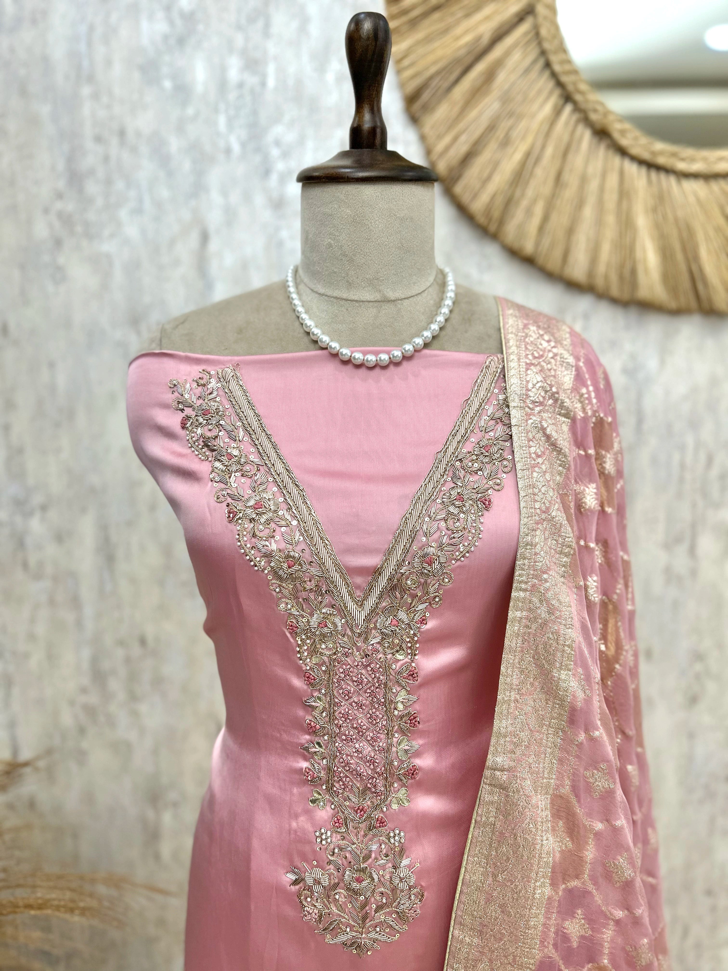 Tissue Silk Unstitched Suit Set With Embroidered V Neck