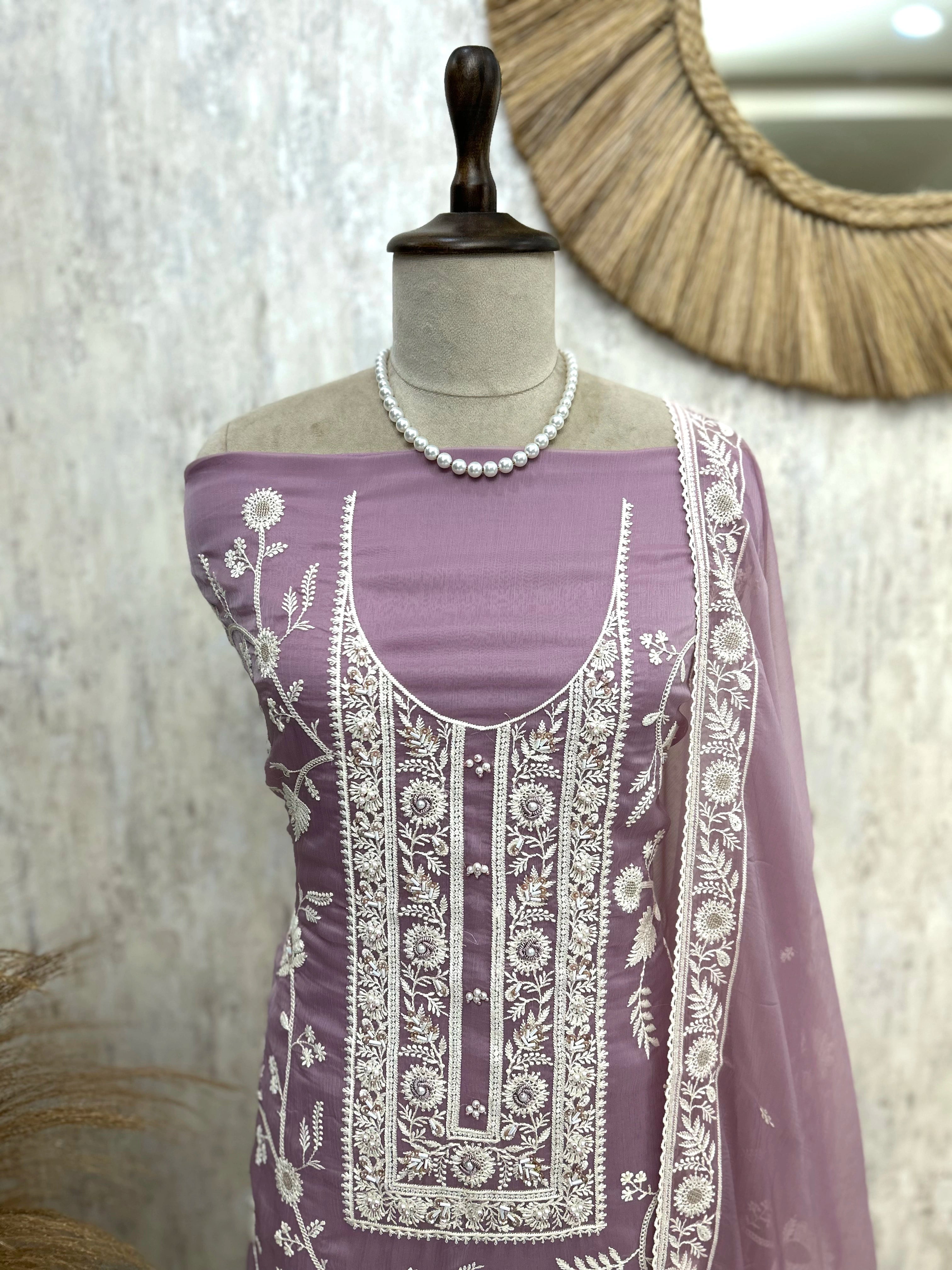Chiffon Organza Unstitched Suit Set With Lucknowi Work