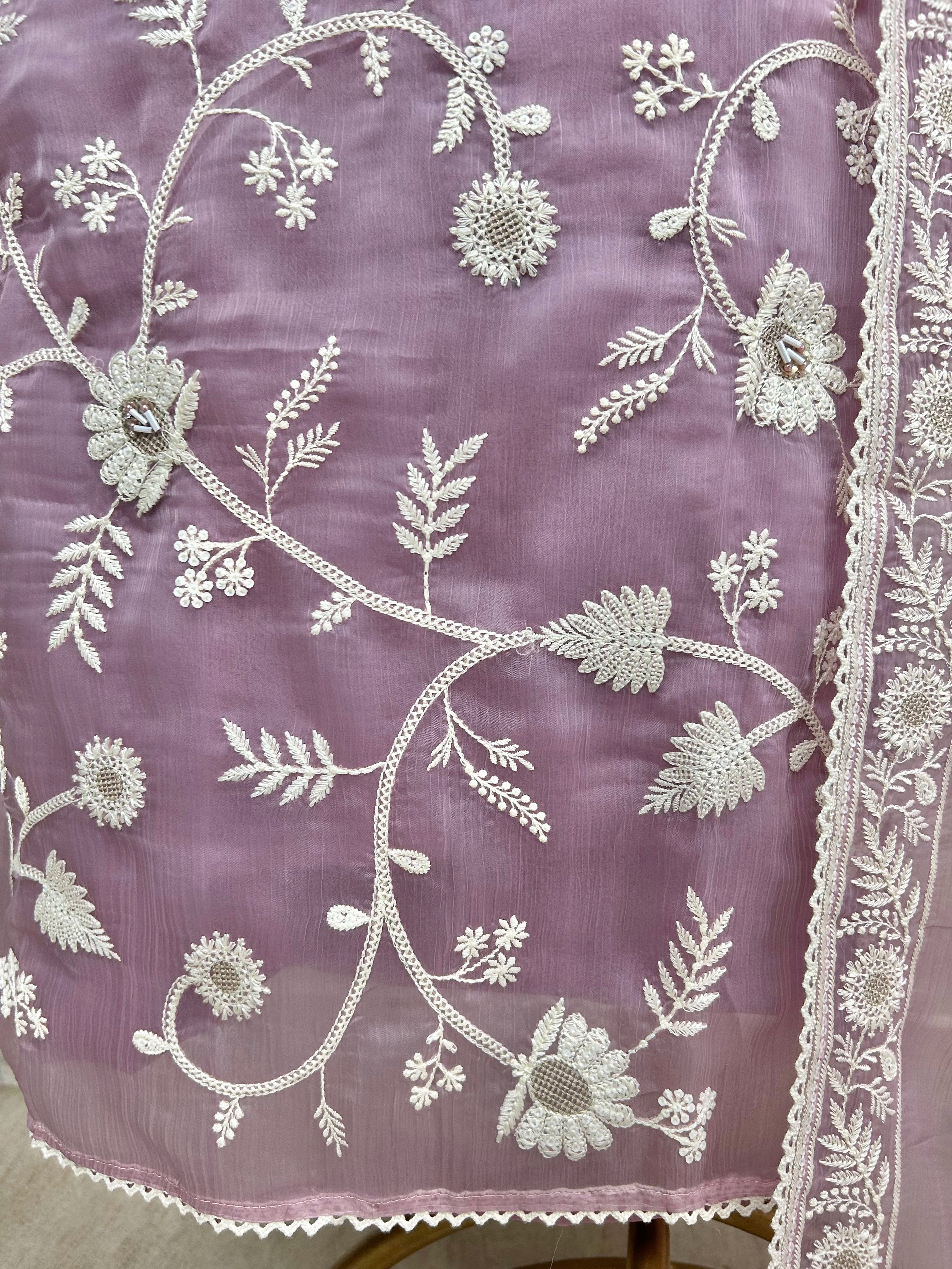 Chiffon Organza Unstitched Suit Set With Lucknowi Work