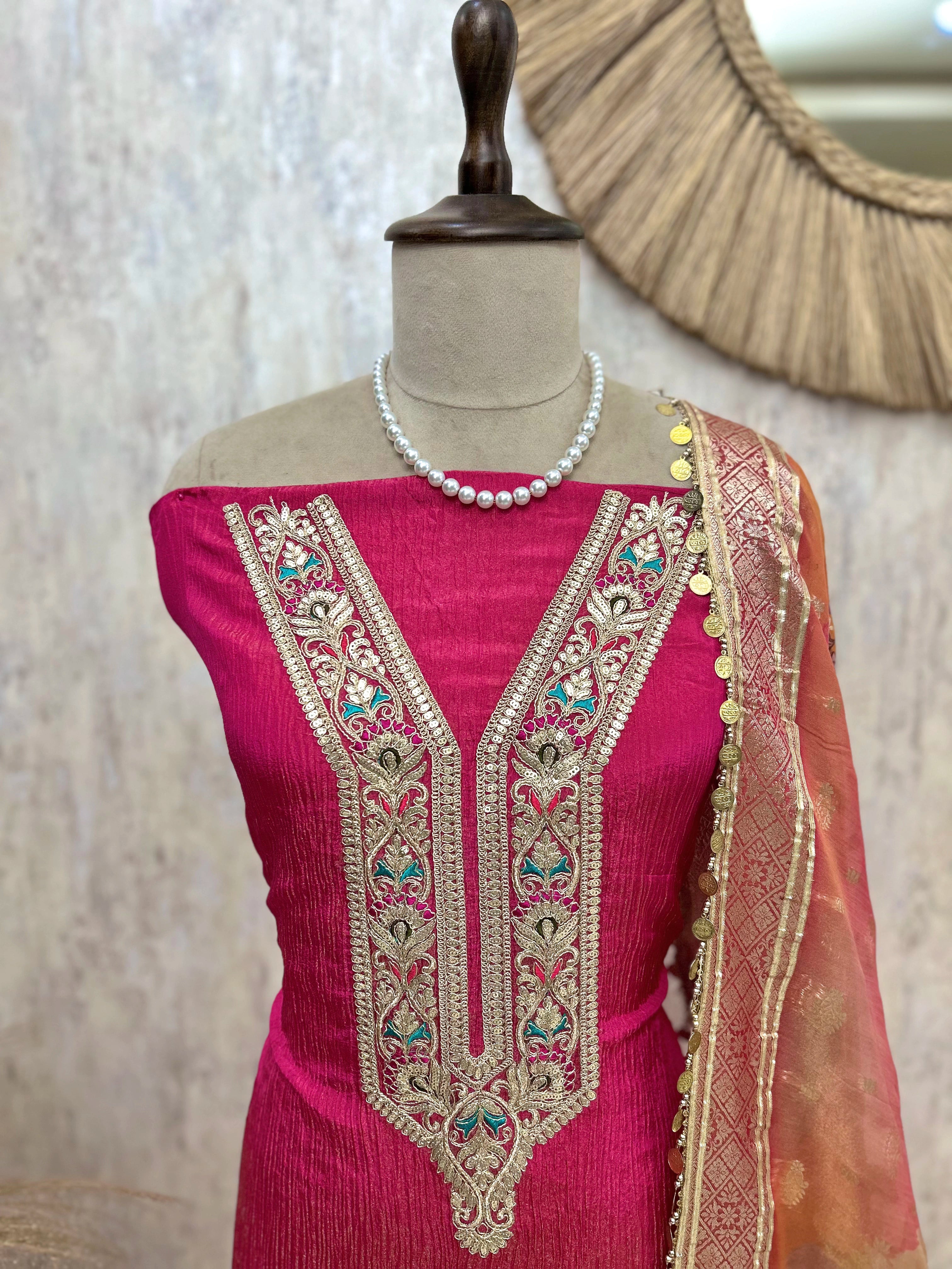 Tissue Unstitched Suit Set With Coin Work