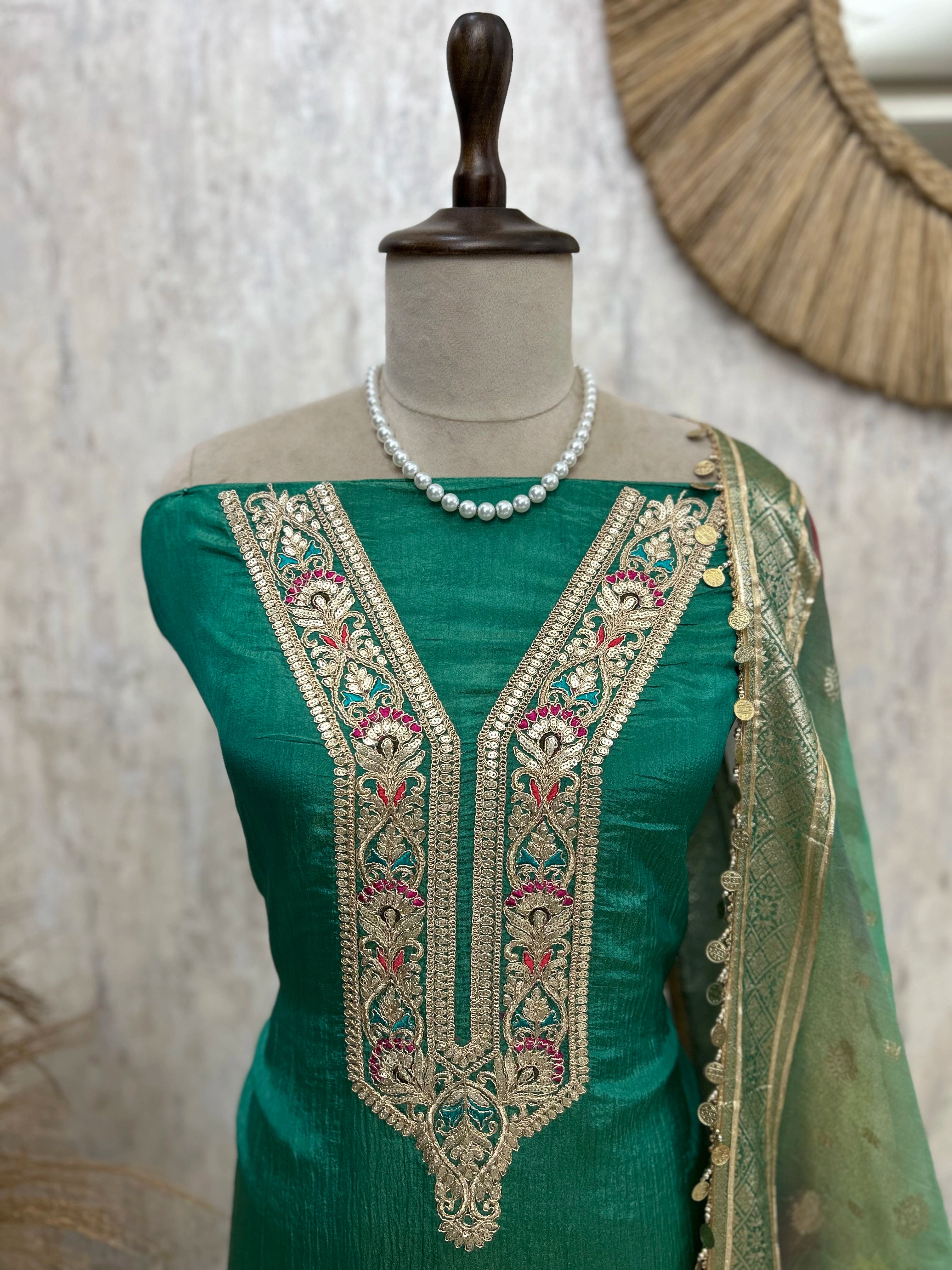 Tissue Unstitched Suit Set With Coin Work