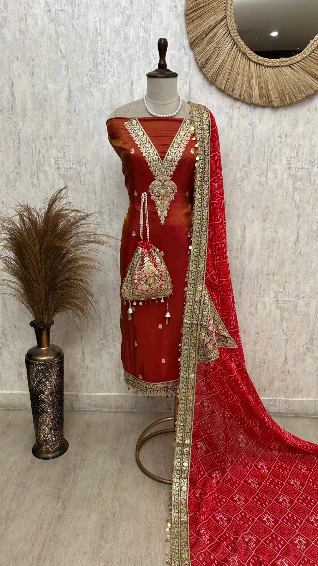 Tissue Unstitched Suit Set With Embroidered Neckline