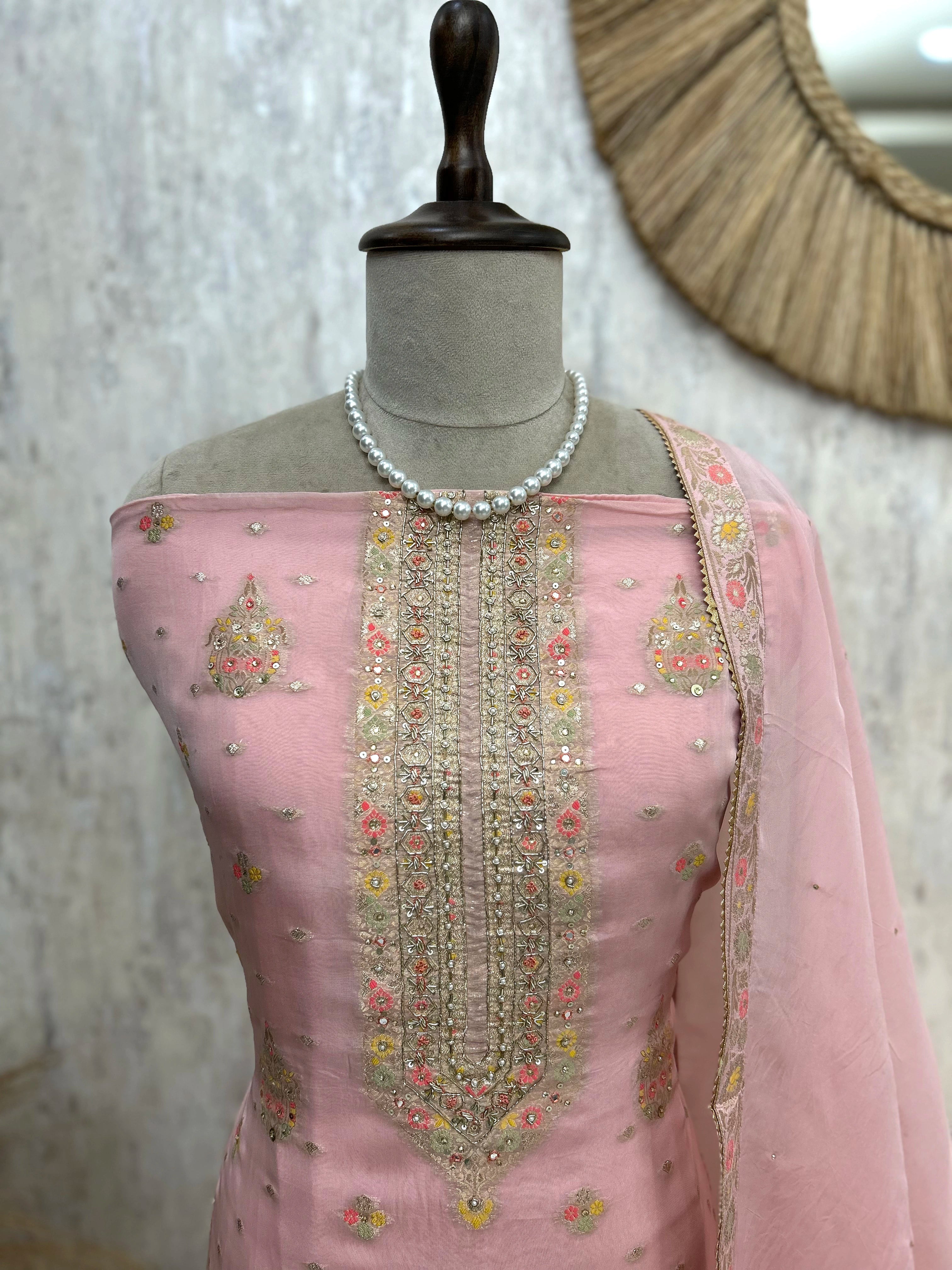 Organza Unstitched Suit Set With Banarasi Embroidery