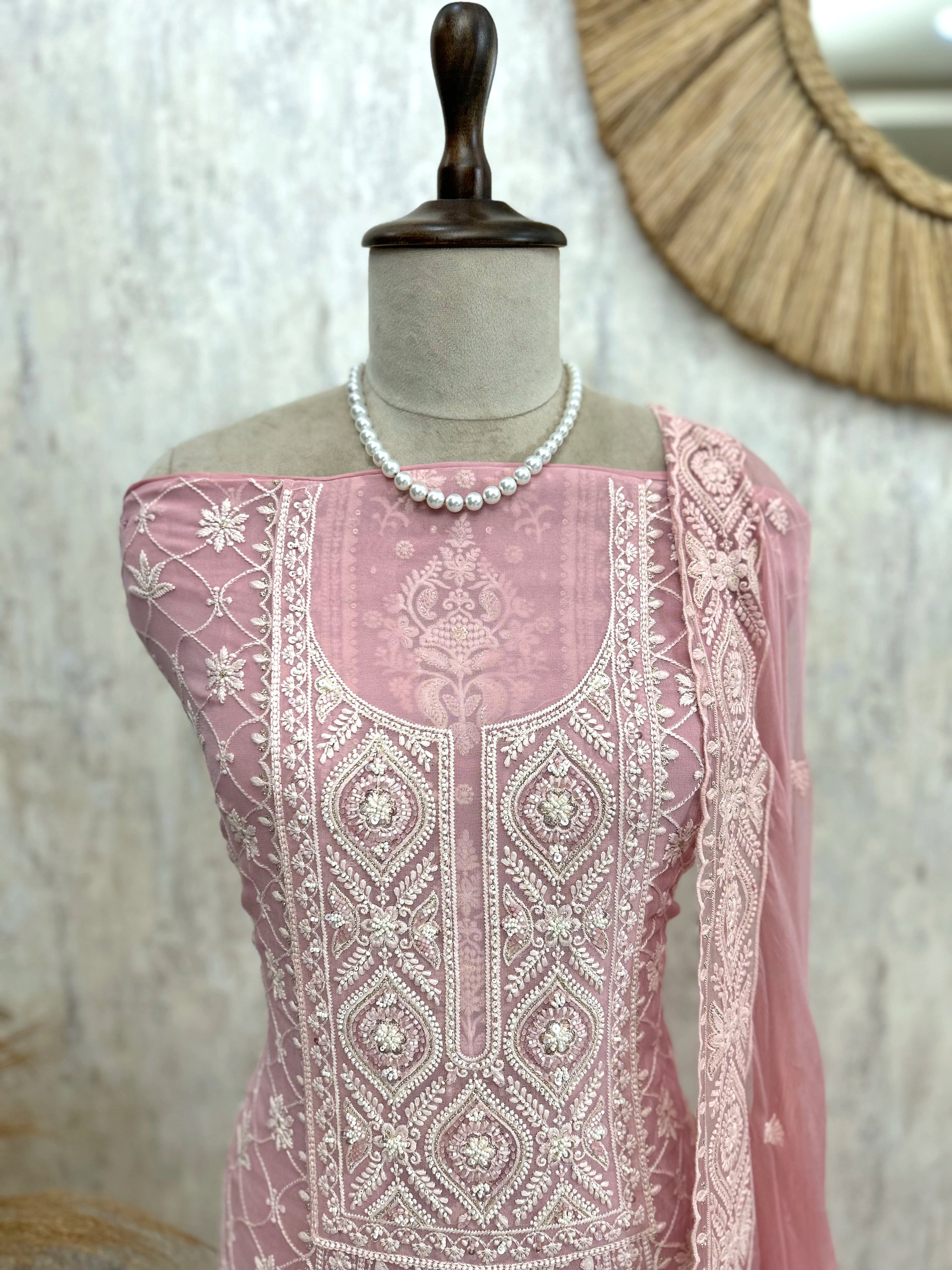 Georgette Unstitched Suit Set With Lucknowi Work