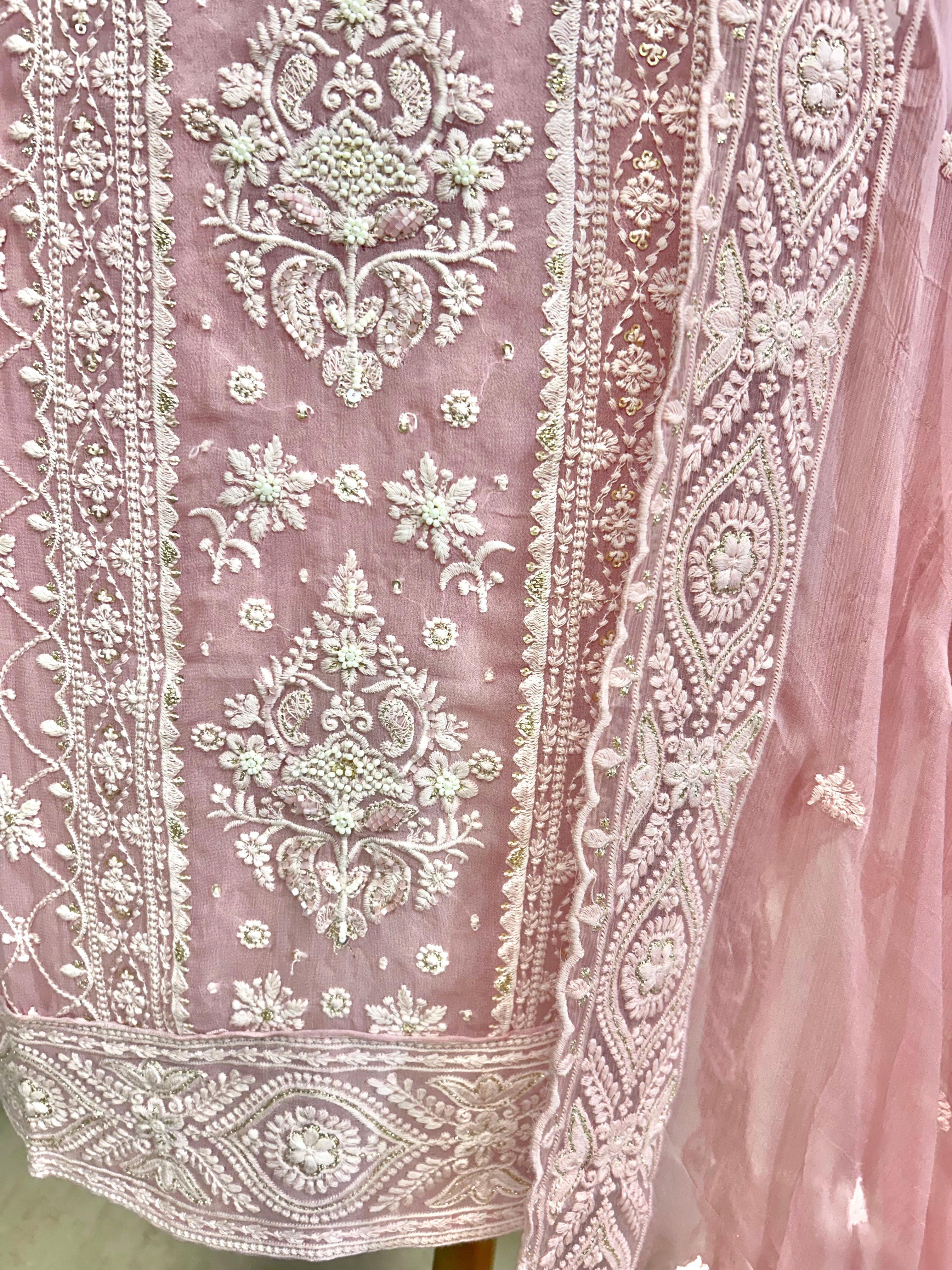 Georgette Unstitched Suit Set With Lucknowi Work