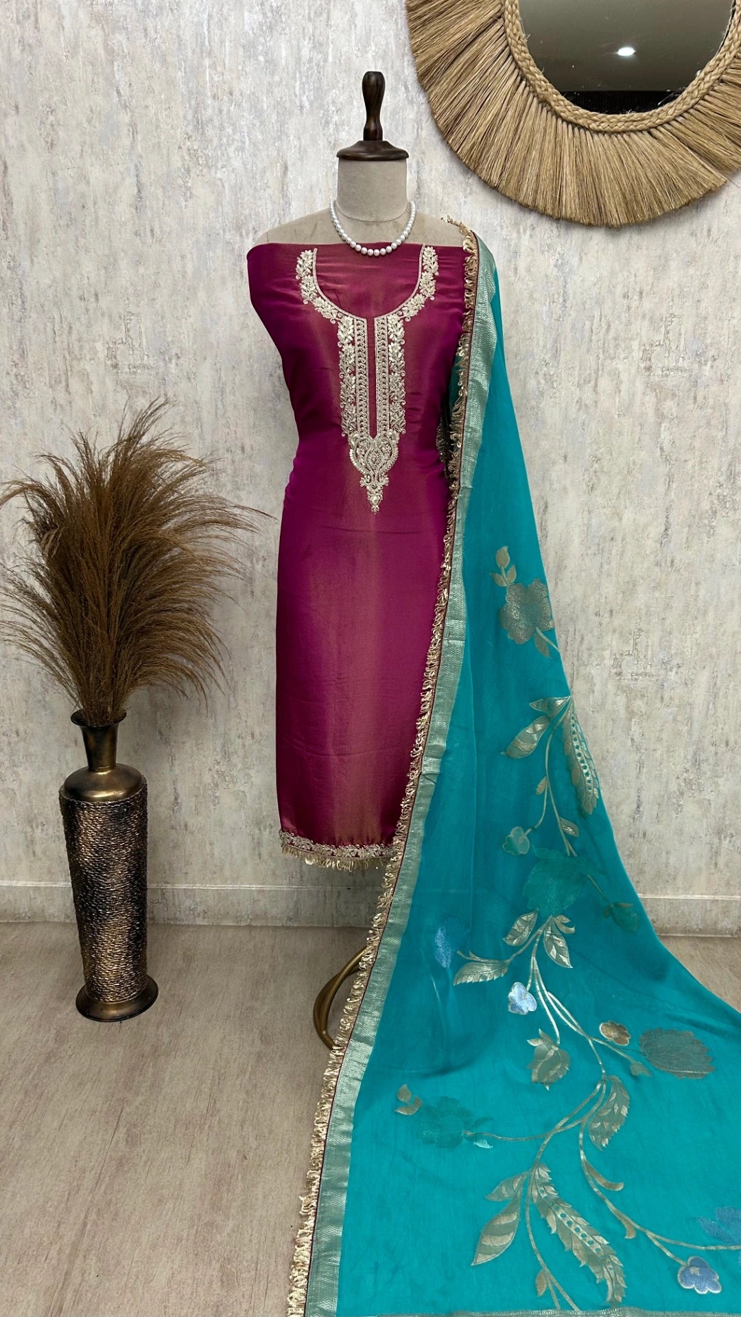 Tissue Unstitched Suit Set With Contrast Dupatta