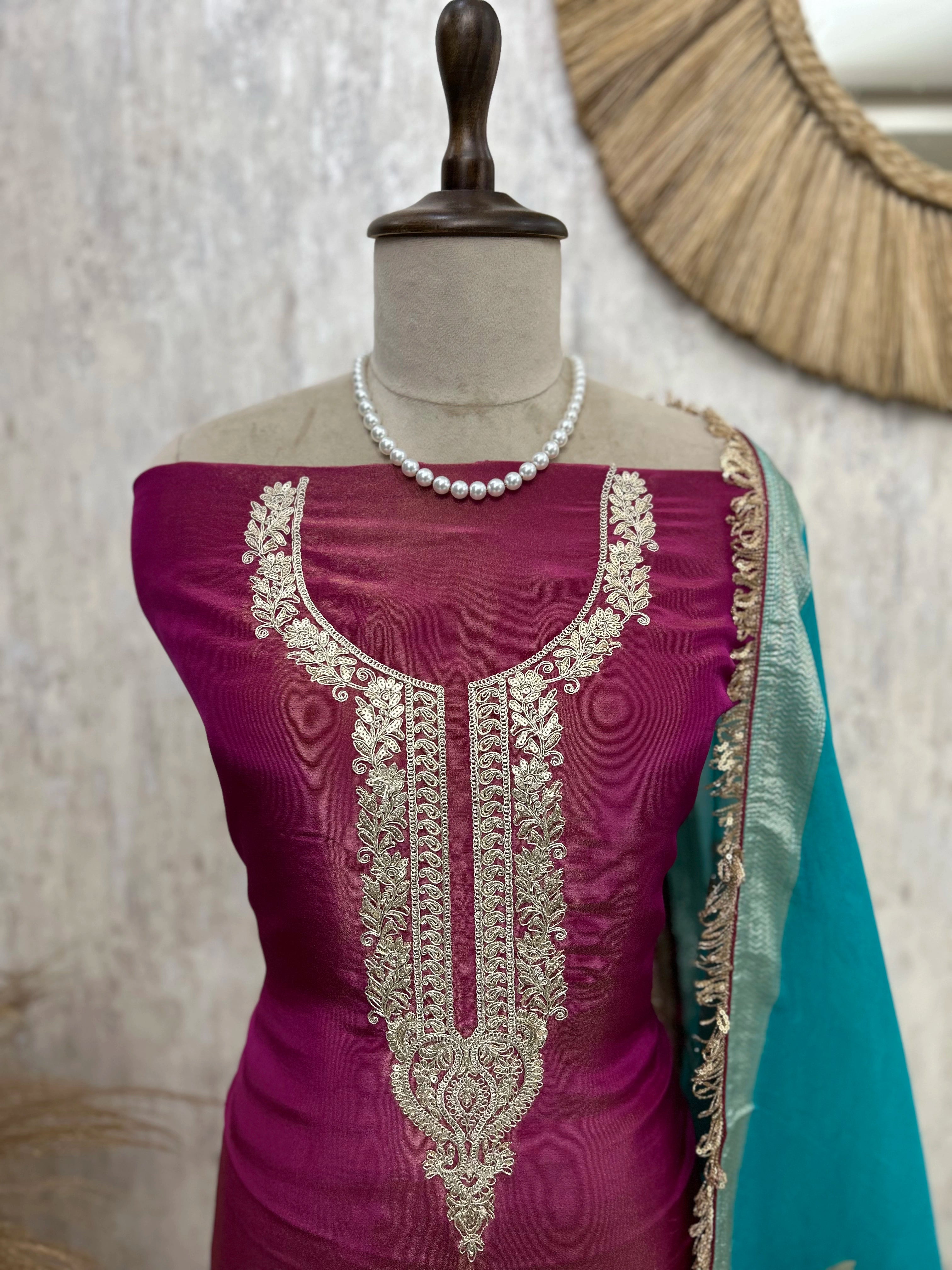 Tissue Unstitched Suit Set With Contrast Dupatta