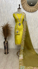 Tissue Unstitched Suit Set With Zari Neckline