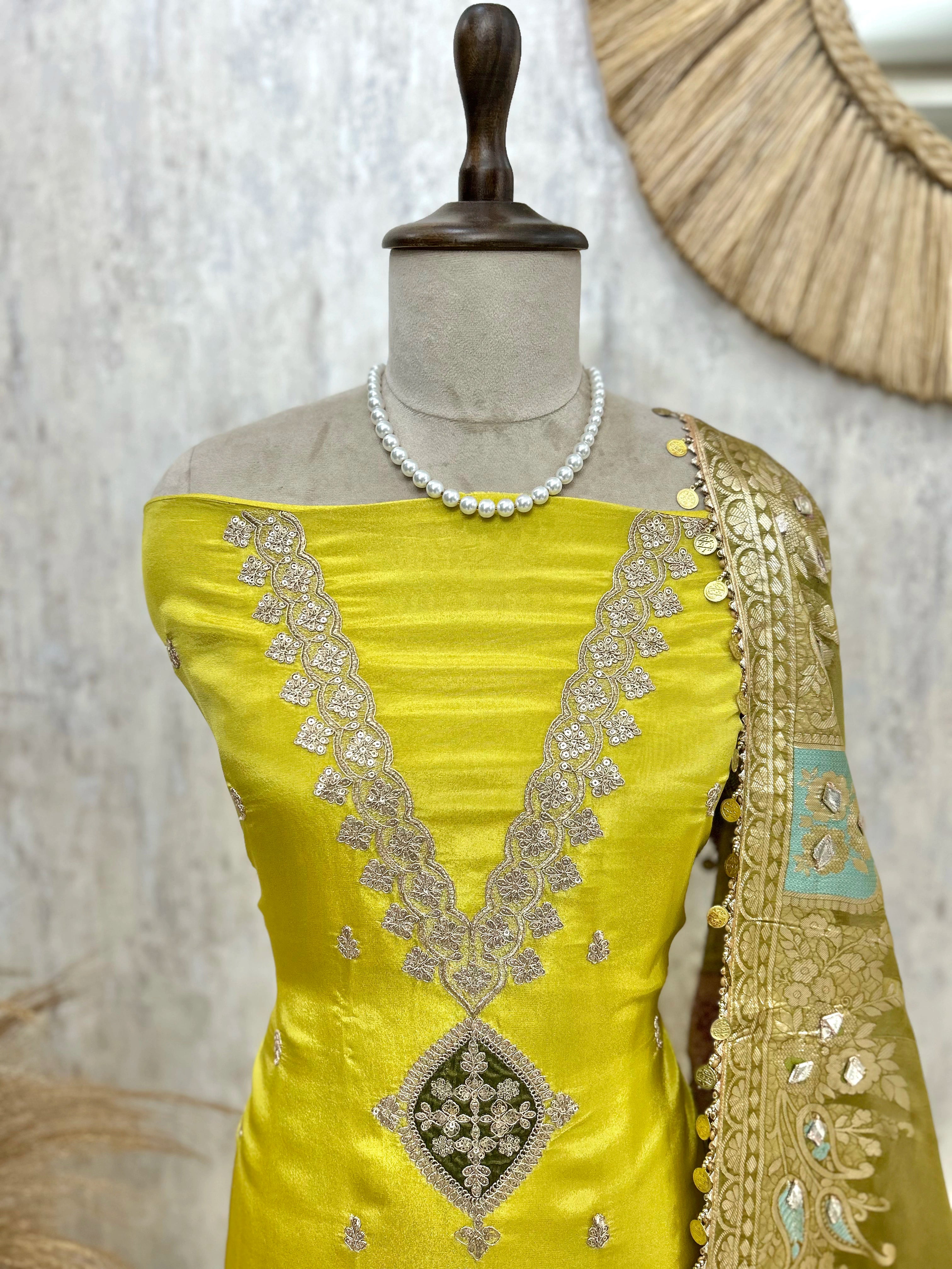 Tissue Unstitched Suit Set With Zari Neckline