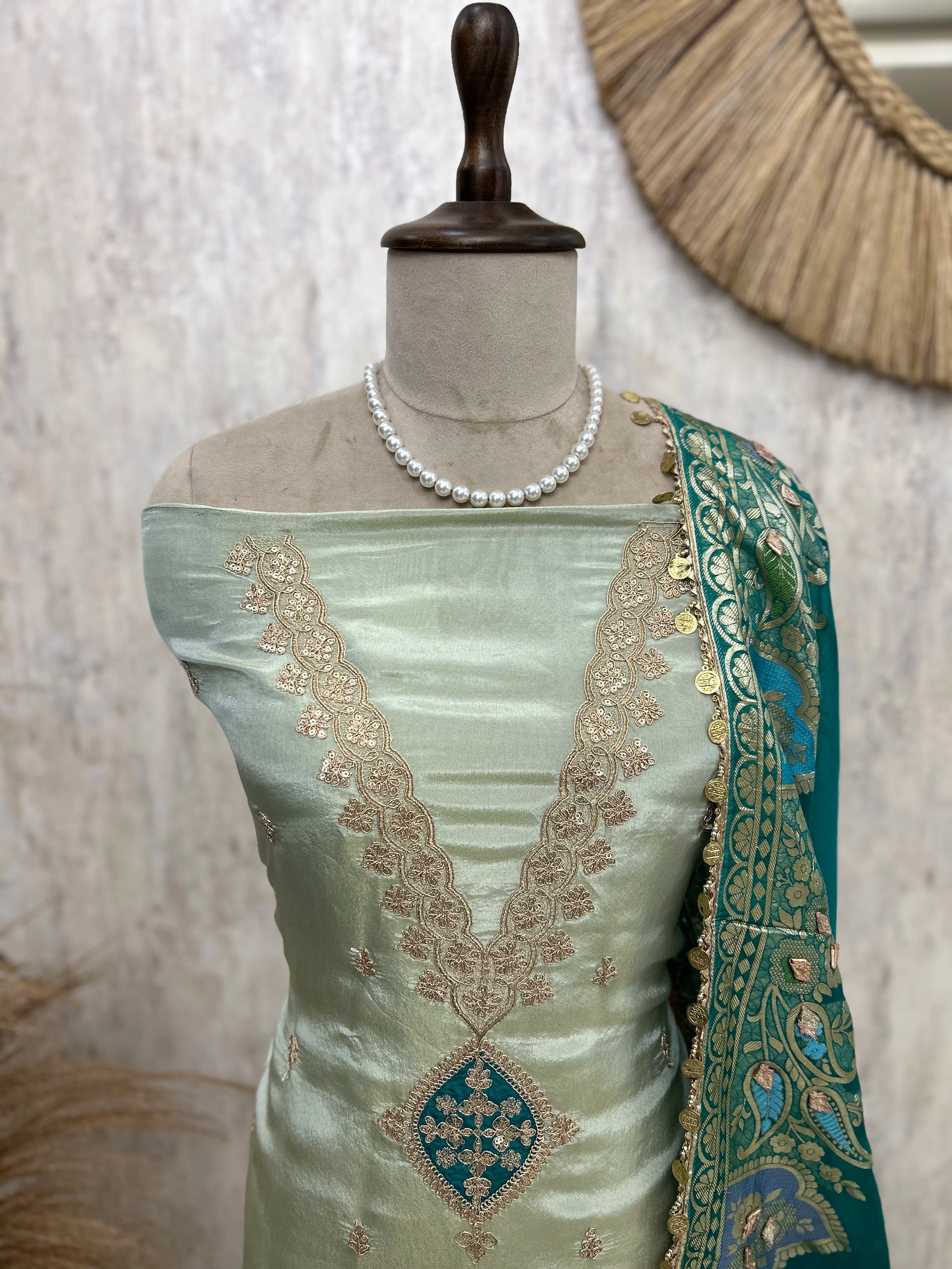 Tissue Unstitched Suit Set With Zari Neckline