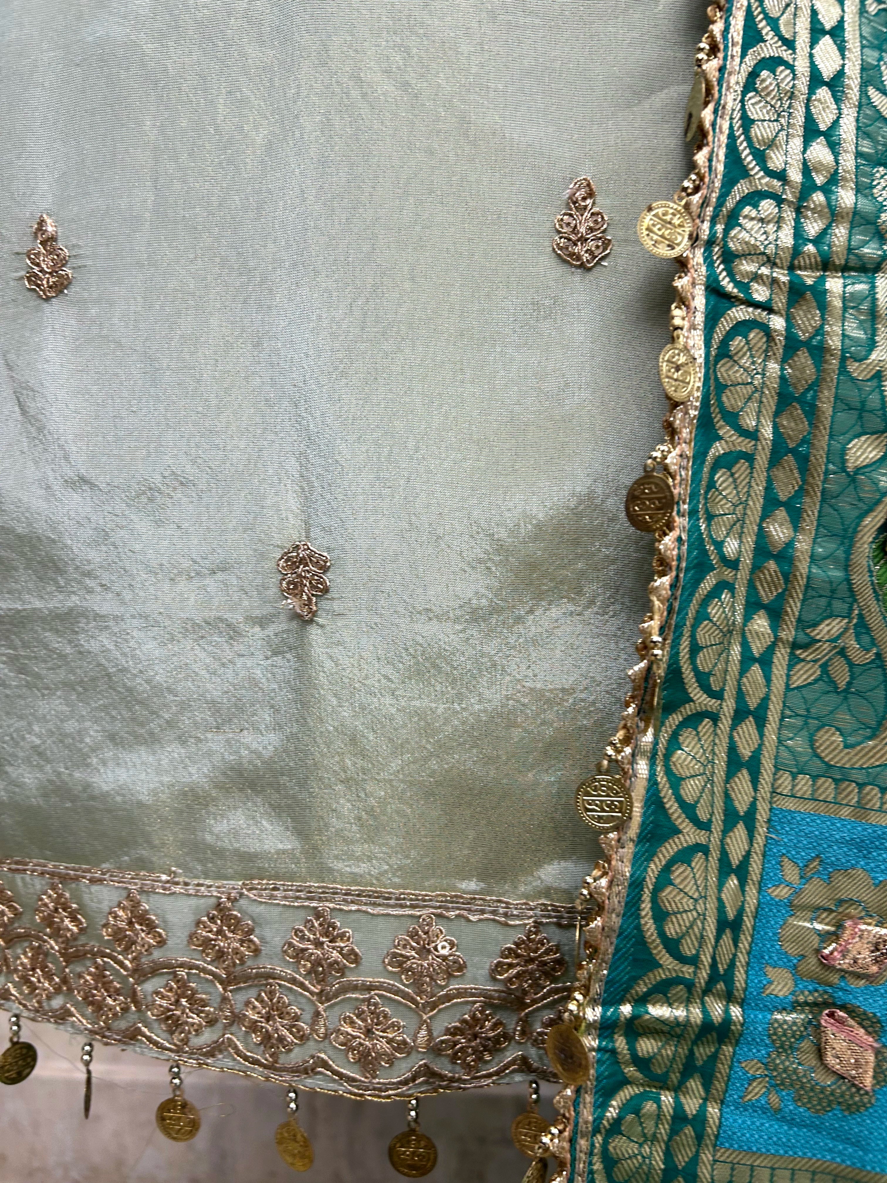 Tissue Unstitched Suit Set With Zari Neckline