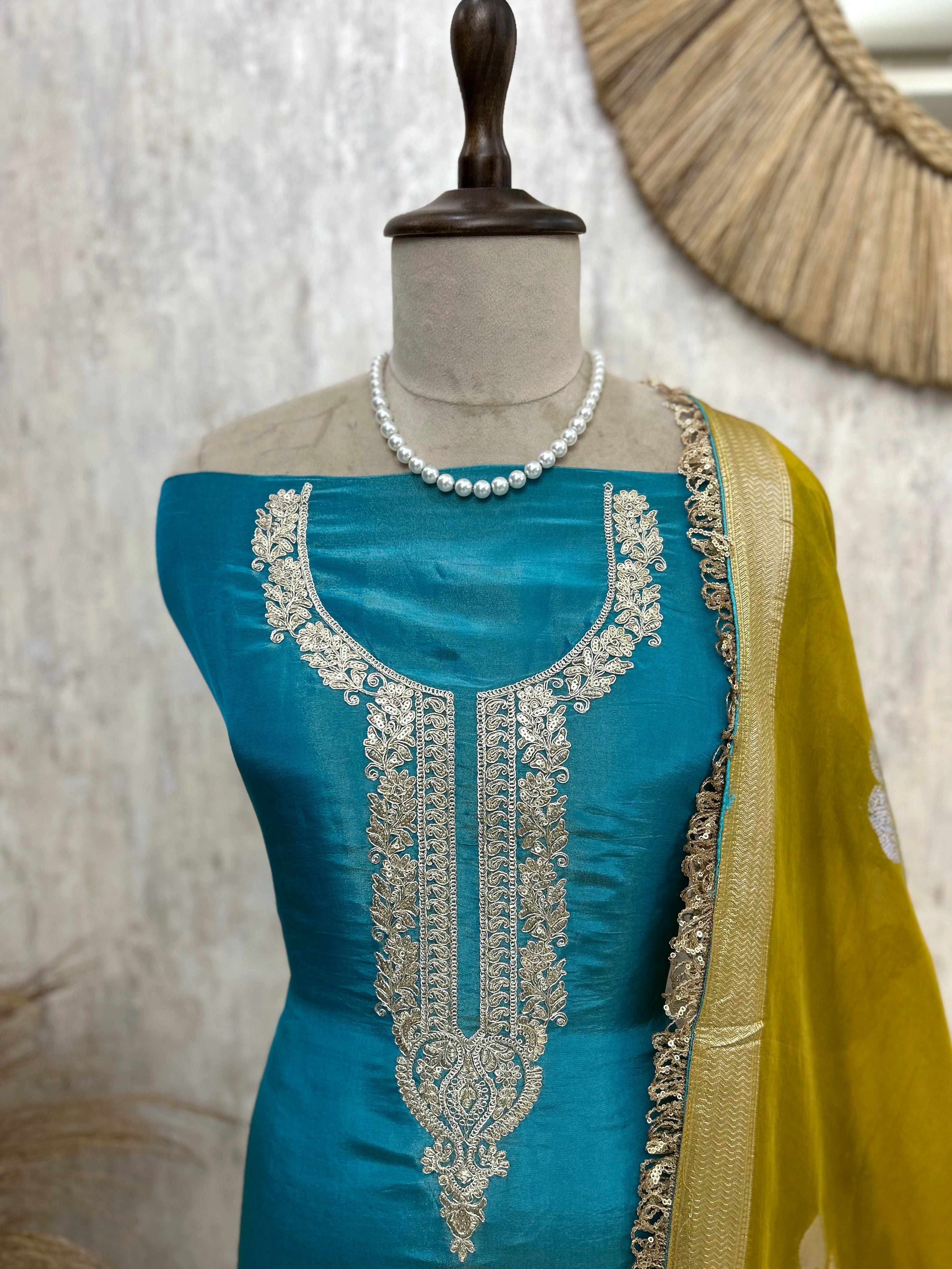 Tissue Unstitched Suit Set With Contrast Dupatta