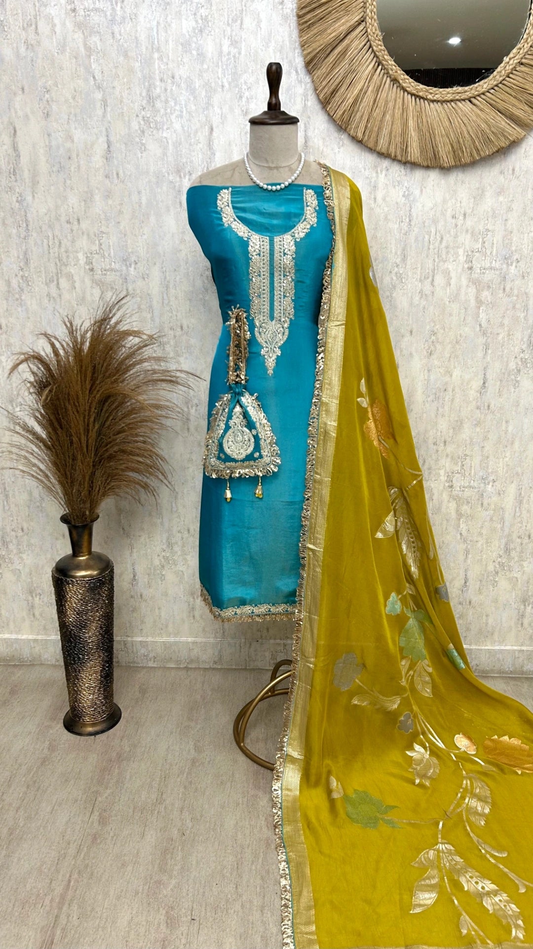 Tissue Unstitched Suit Set With Contrast Dupatta