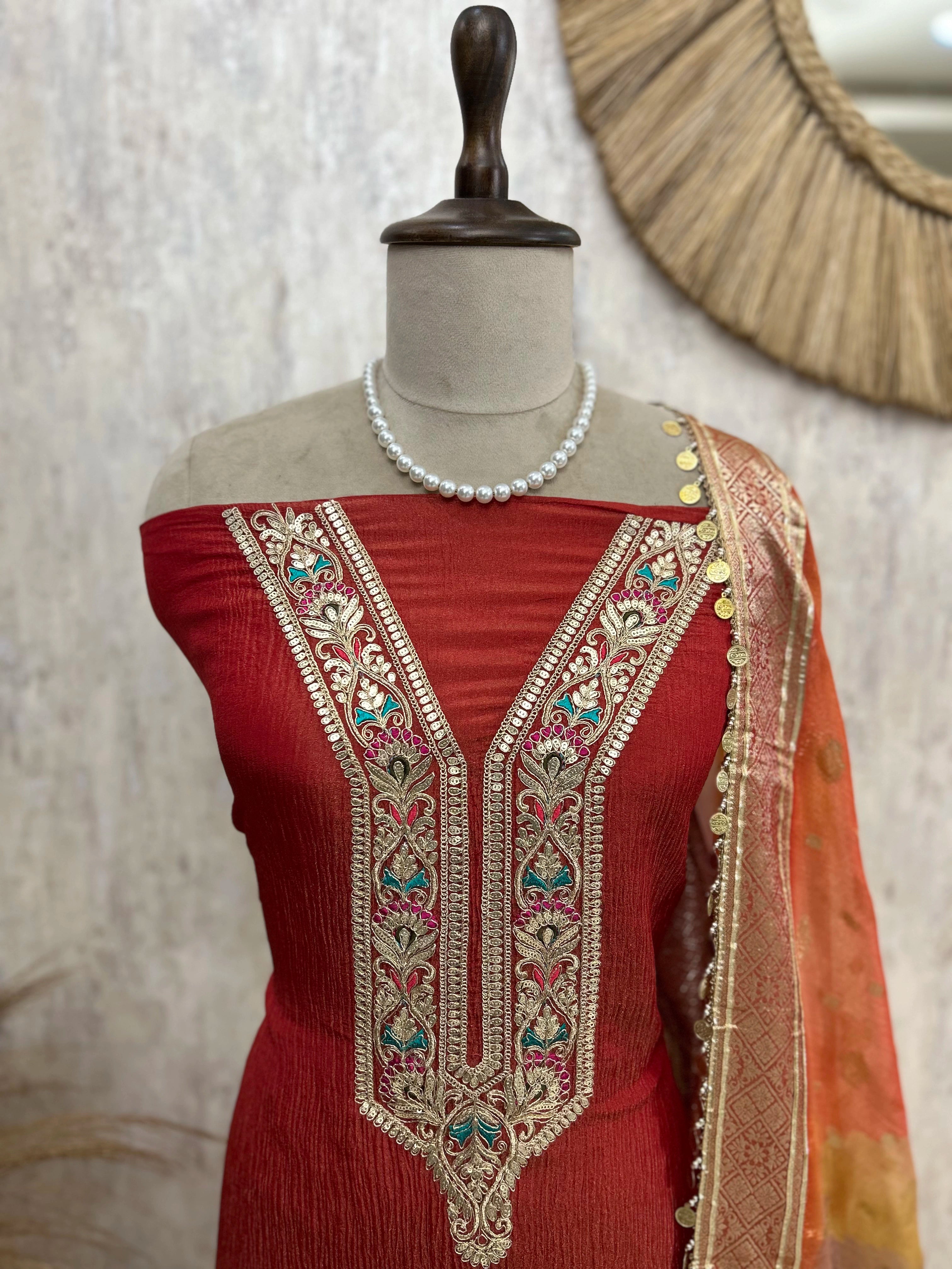 Tissue Unstitched Suit Set With Coin Work