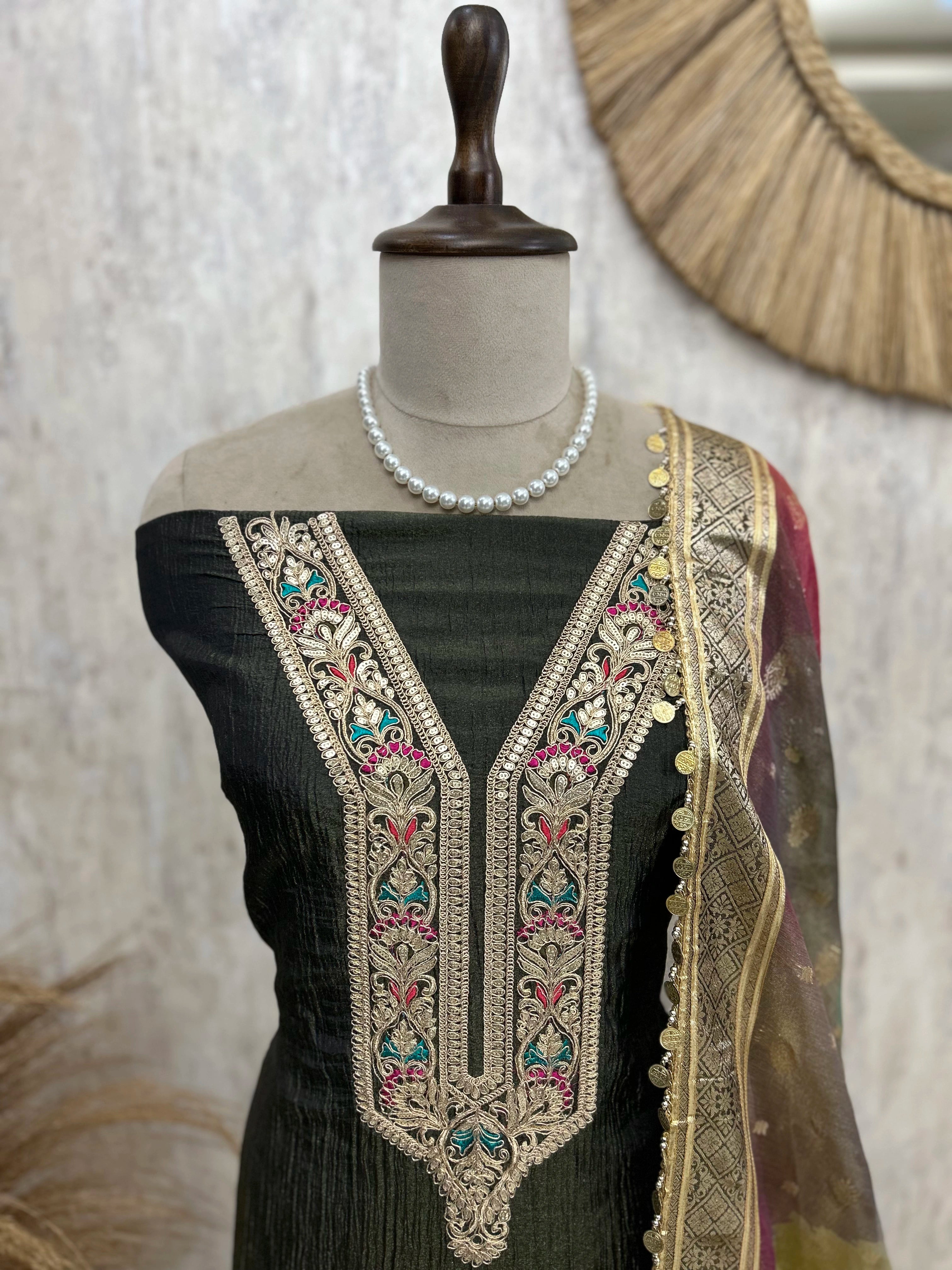 Tissue Unstitched Suit Set With Coin Work