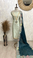 Tissue Unstitched Suit Set With Zari Neckline