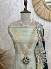 Tissue Unstitched Suit Set With Zari Neckline