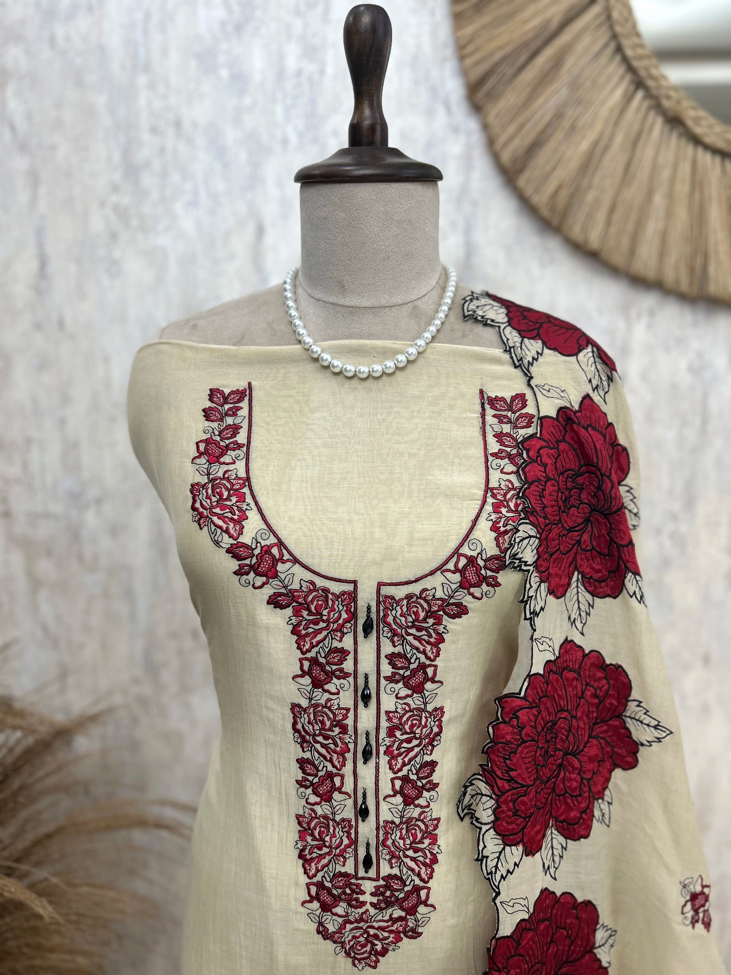 Mul Unstitched Suit Set With Rose Scalping