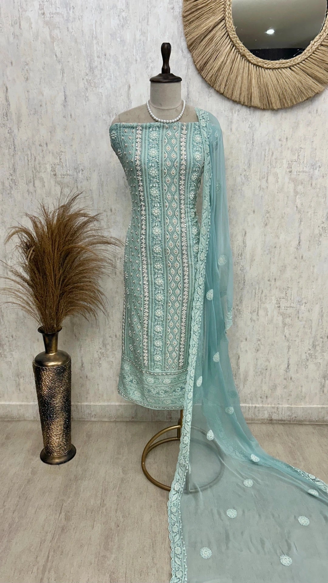 Lucknowi Pearl Work Georgette Unstitched Suit Set