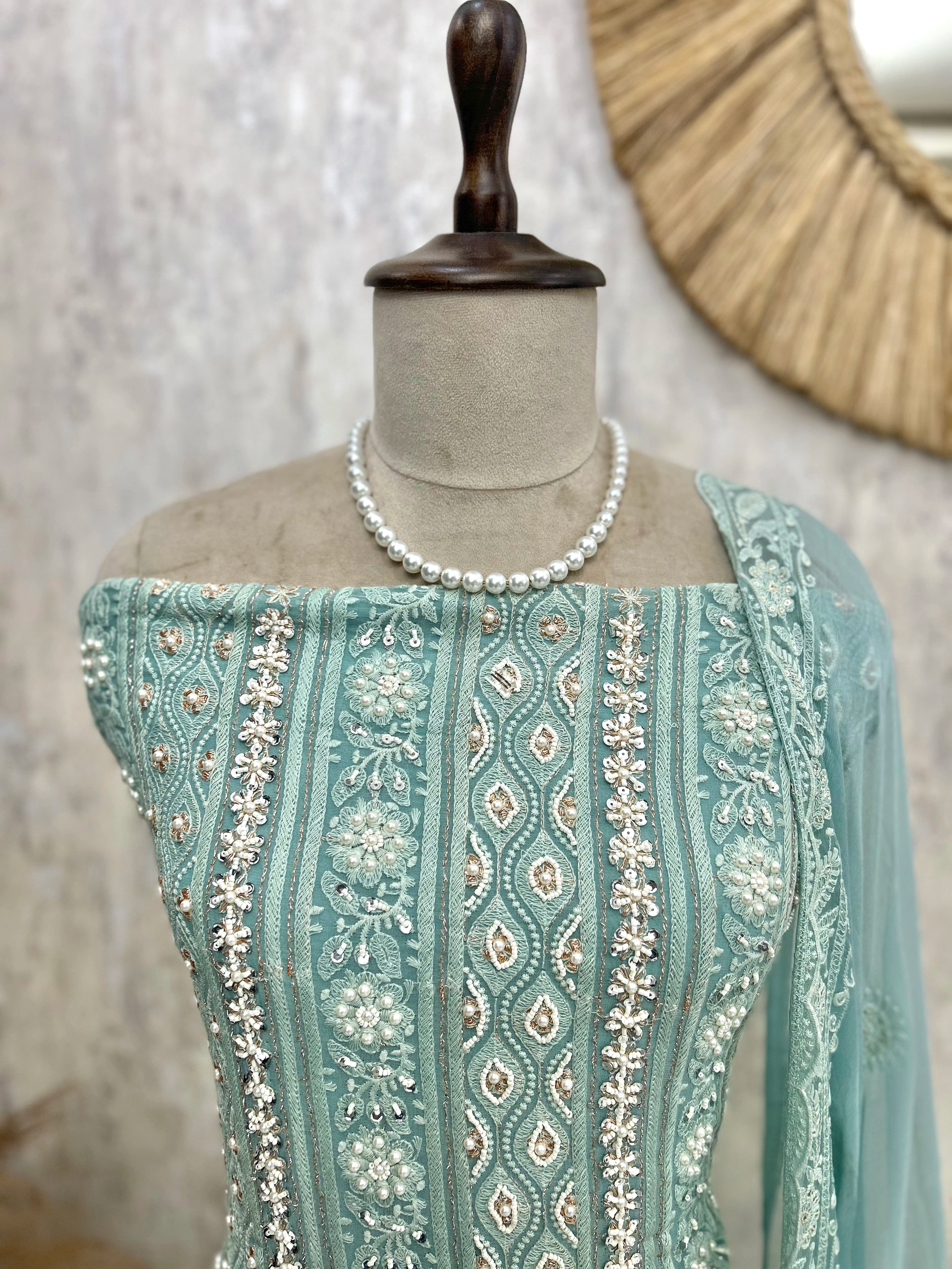 Lucknowi Pearl Work Georgette Unstitched Suit Set