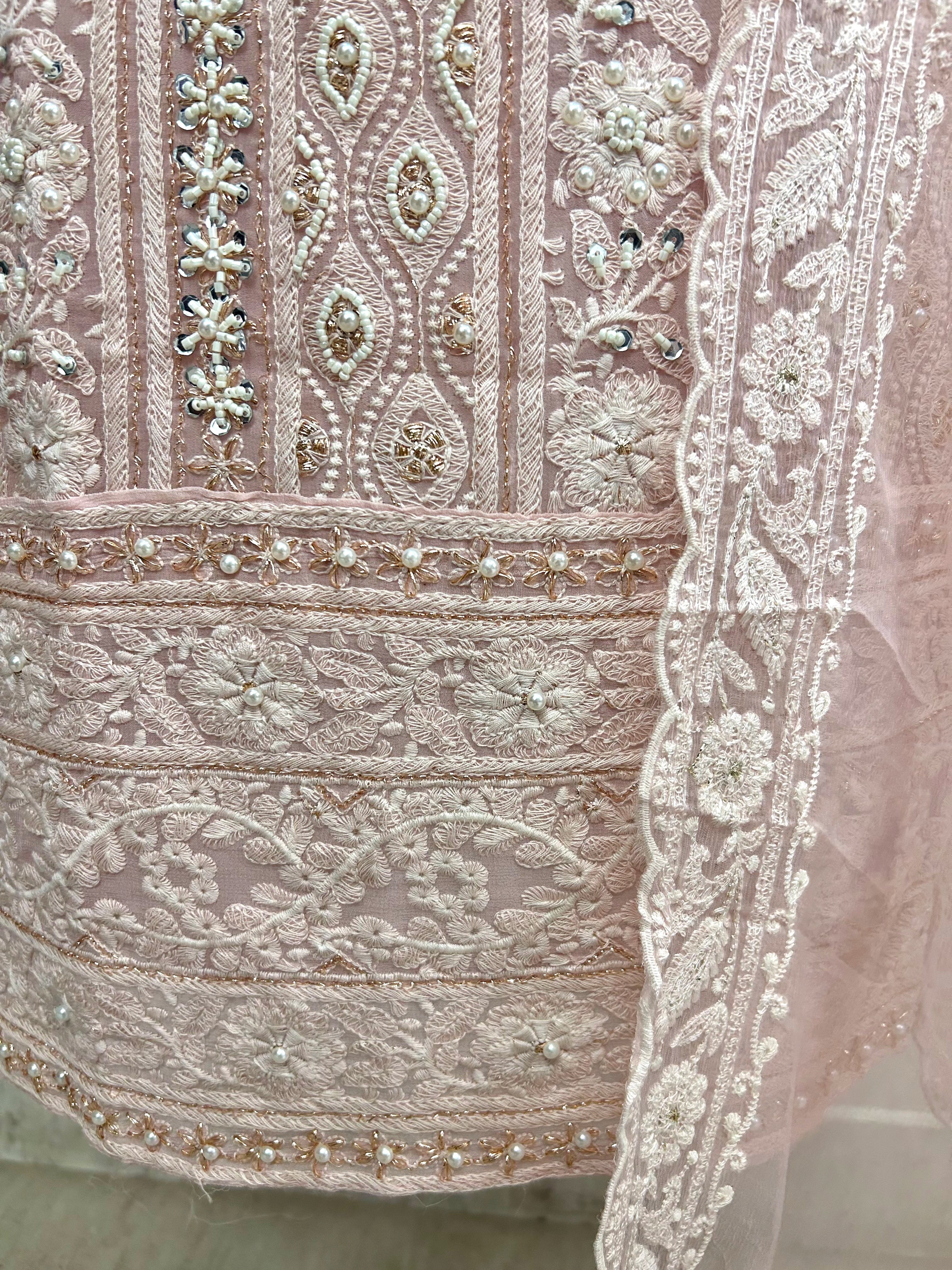Lucknowi Pearl Work Georgette Unstitched Suit Set