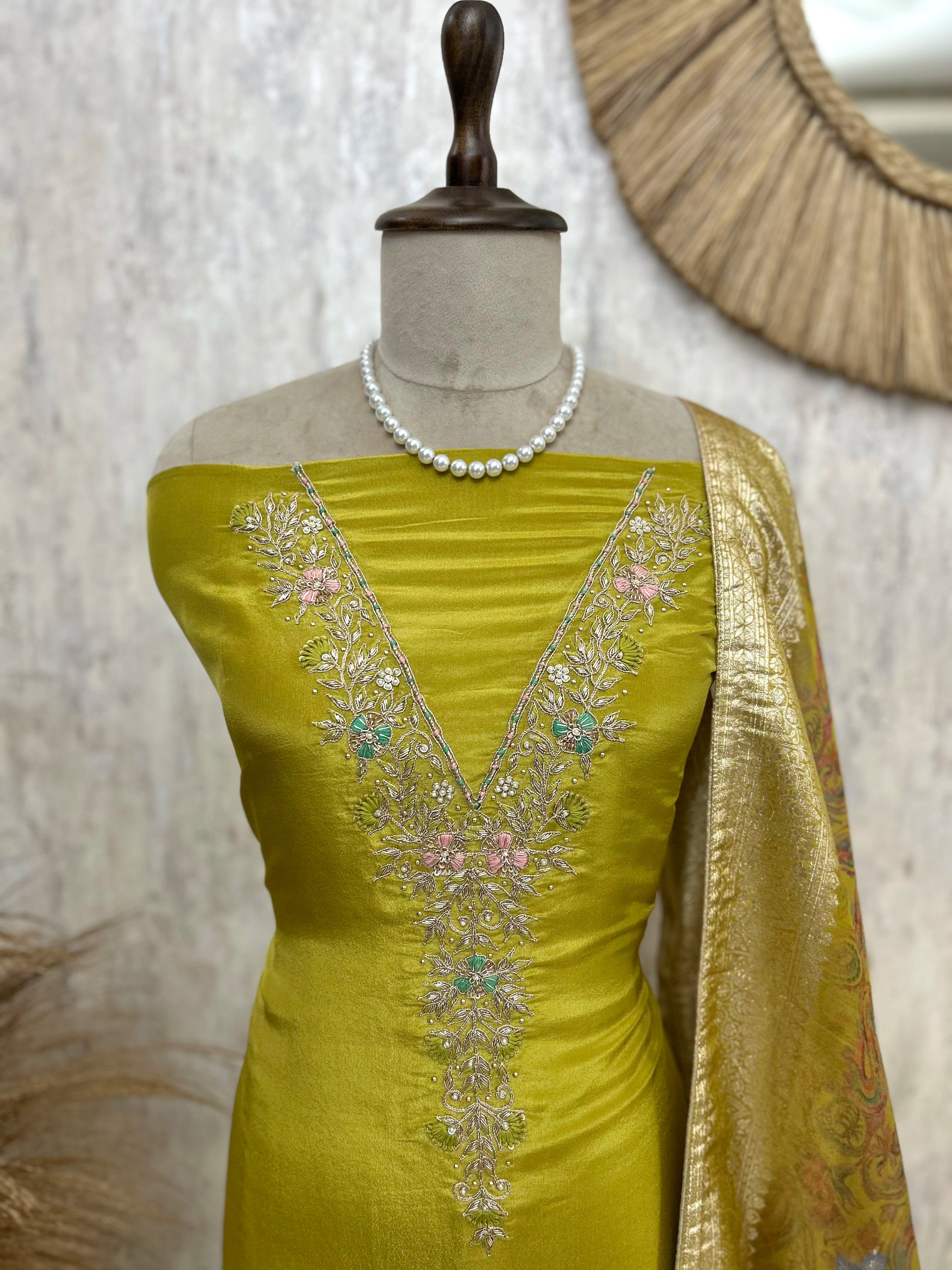 Tissue Unstitched Suit Set With Zardozi Neckline