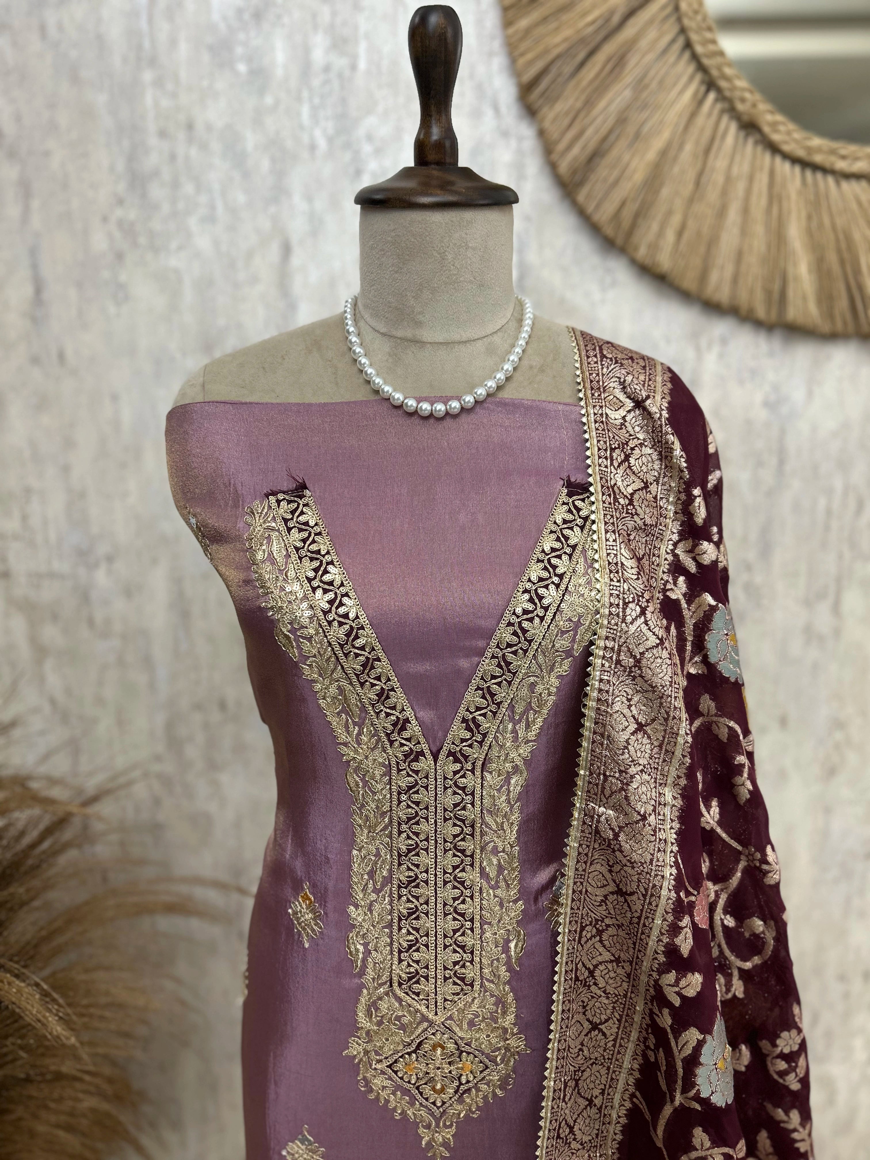 Tissue Unstitched Suit Set With Vine Pattern