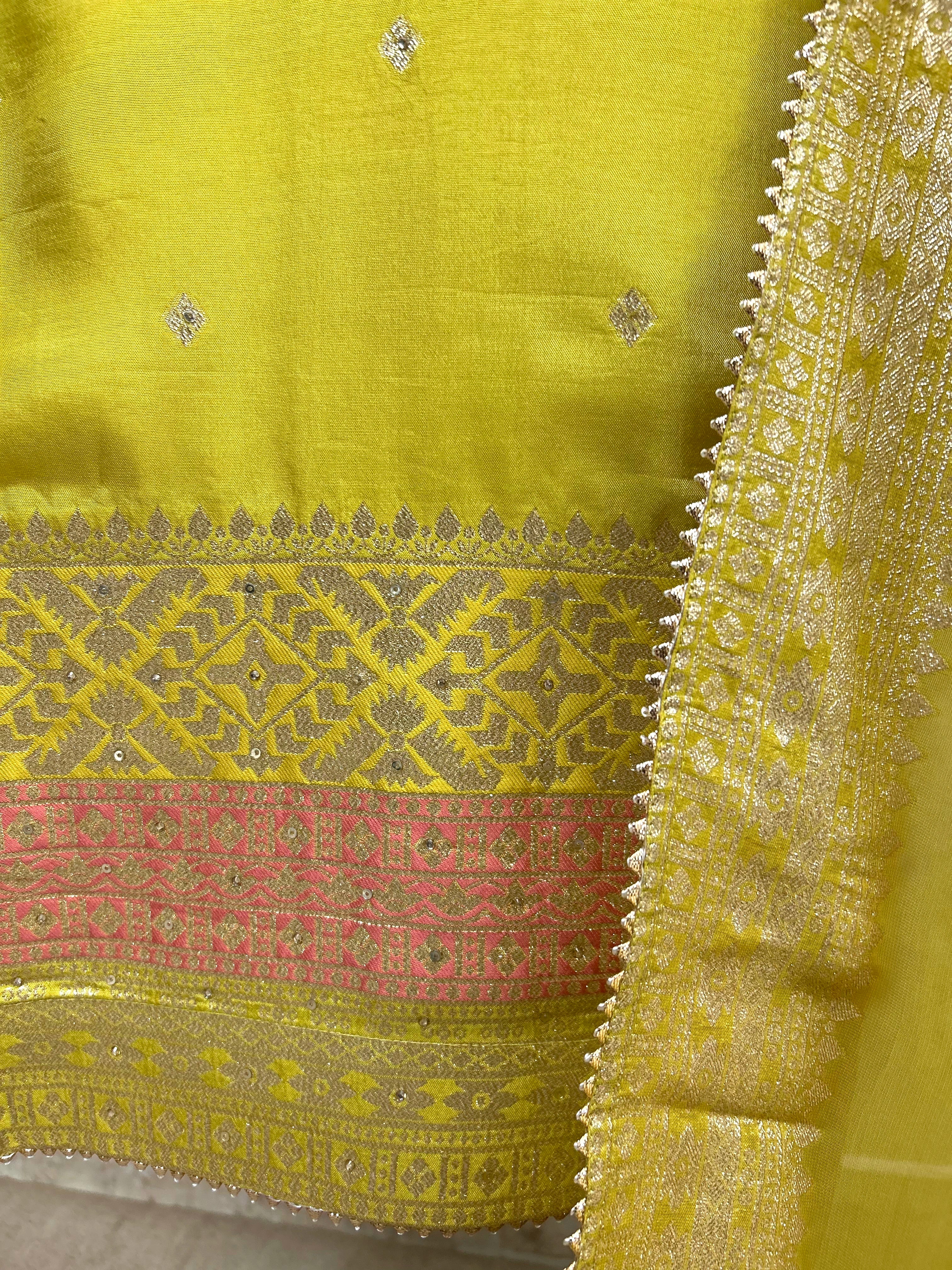 Tissue Silk Unstitched Suit Set With Organza Dupatta