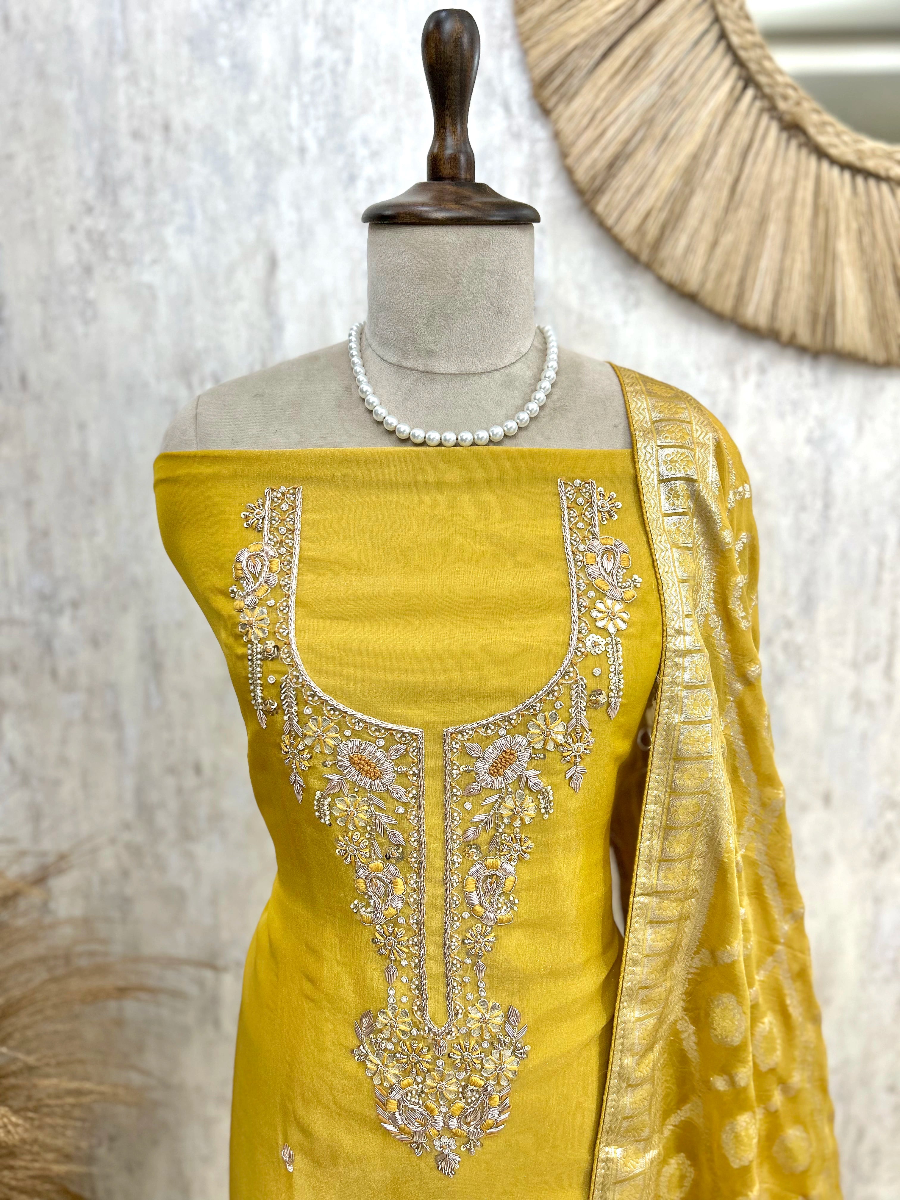 Zardozi Neckline Banarasi Dupatta Tissue Unstitched Suit Set