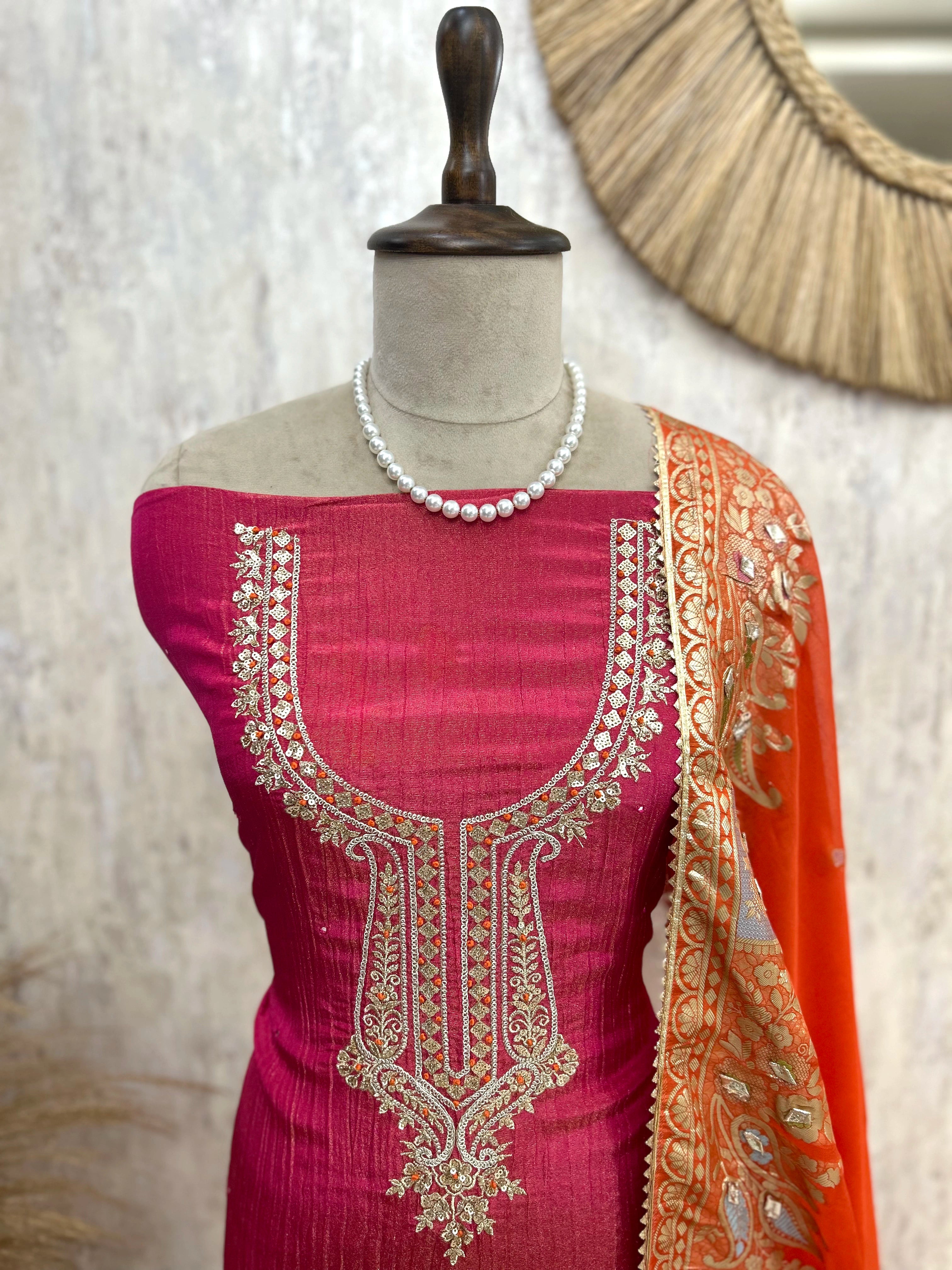 Crush Tissue Unstitched Suit Set With Zari Embroidery