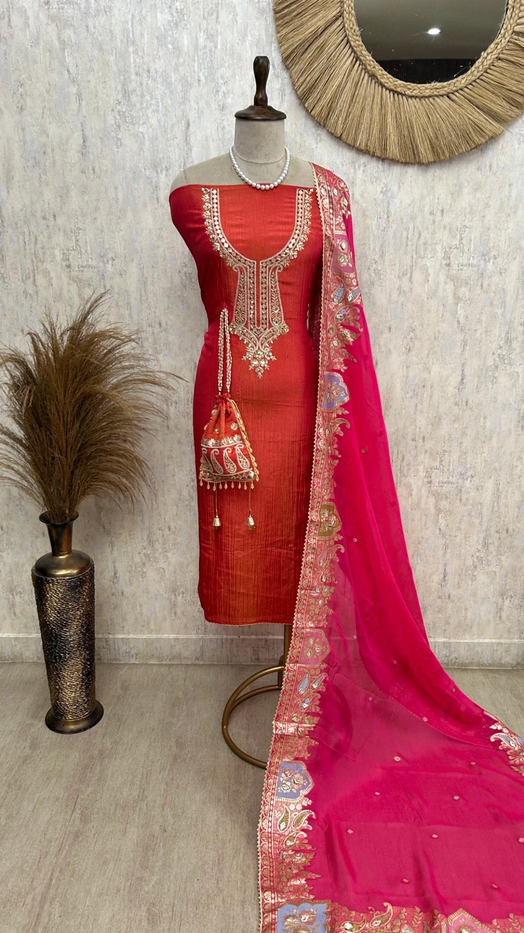 Crush Tissue Unstitched Suit Set With Zari Embroidery