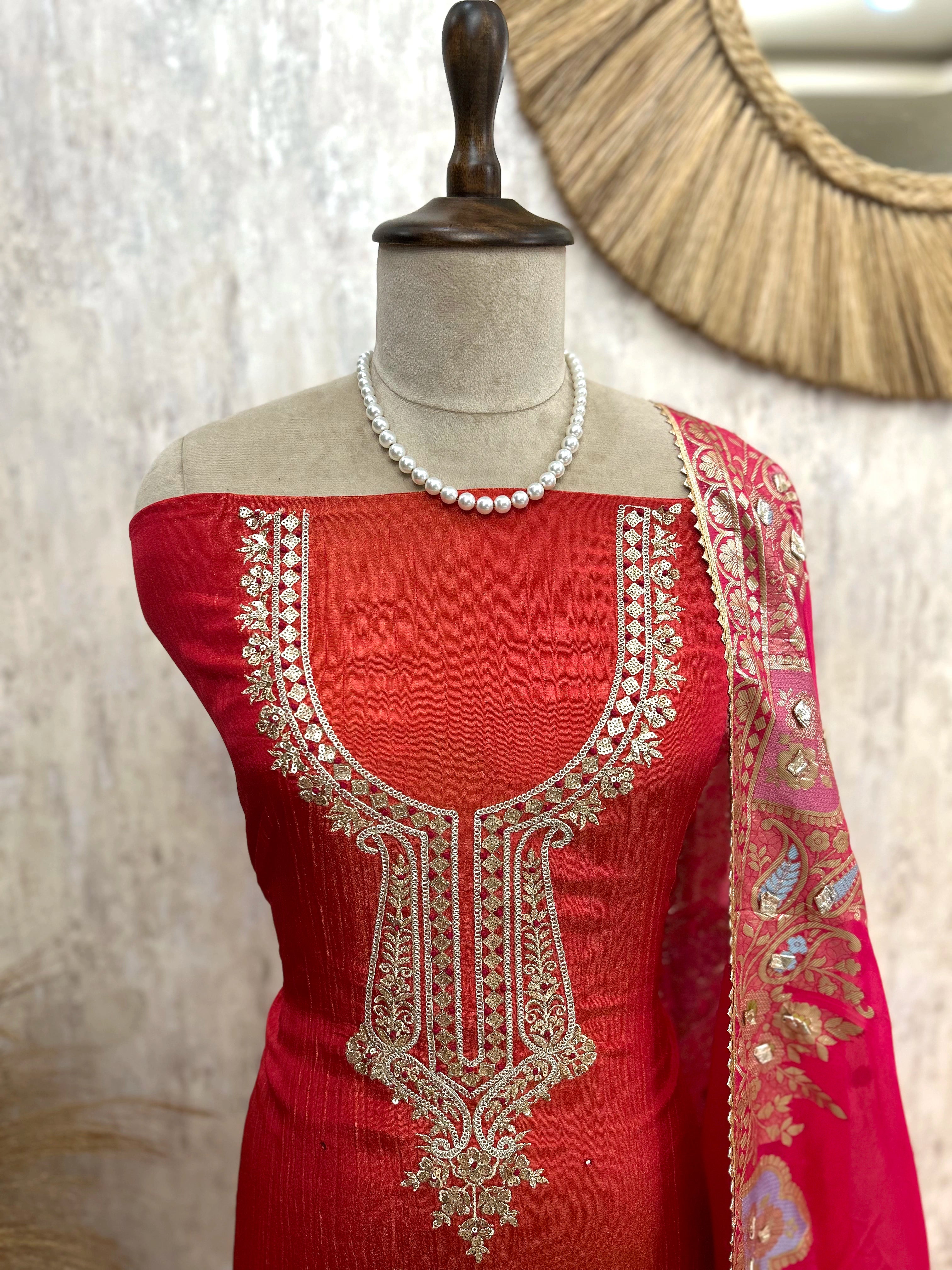 Crush Tissue Unstitched Suit Set With Zari Embroidery