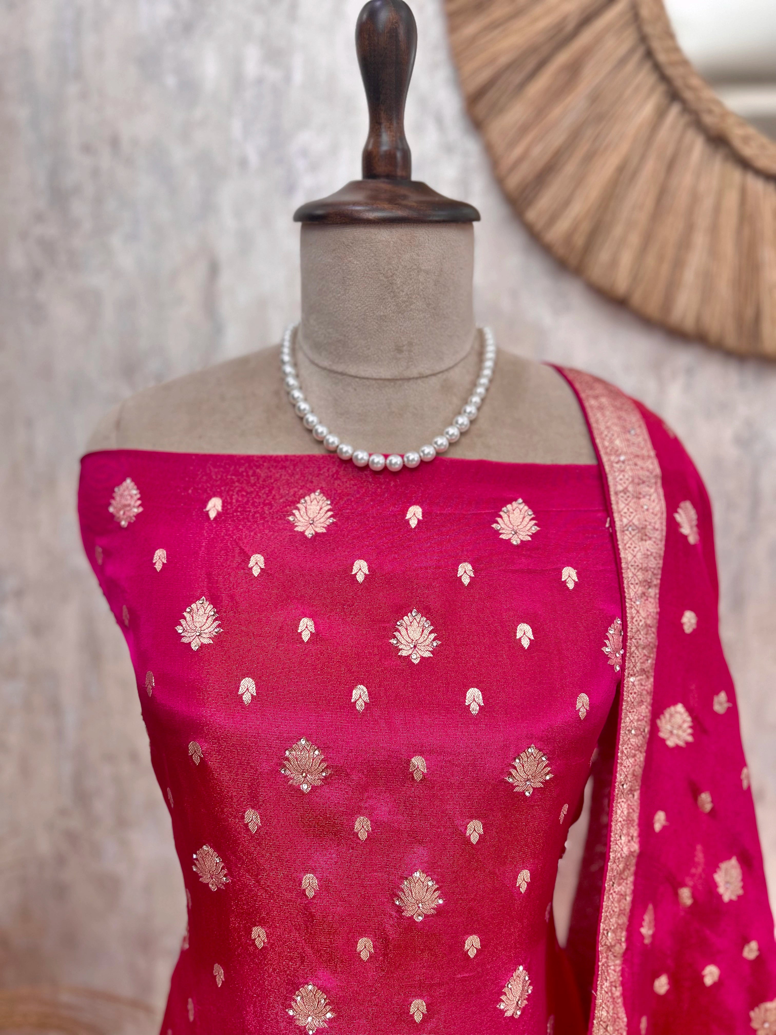 Tissue Unstitched Suit Set With Banarasi Work