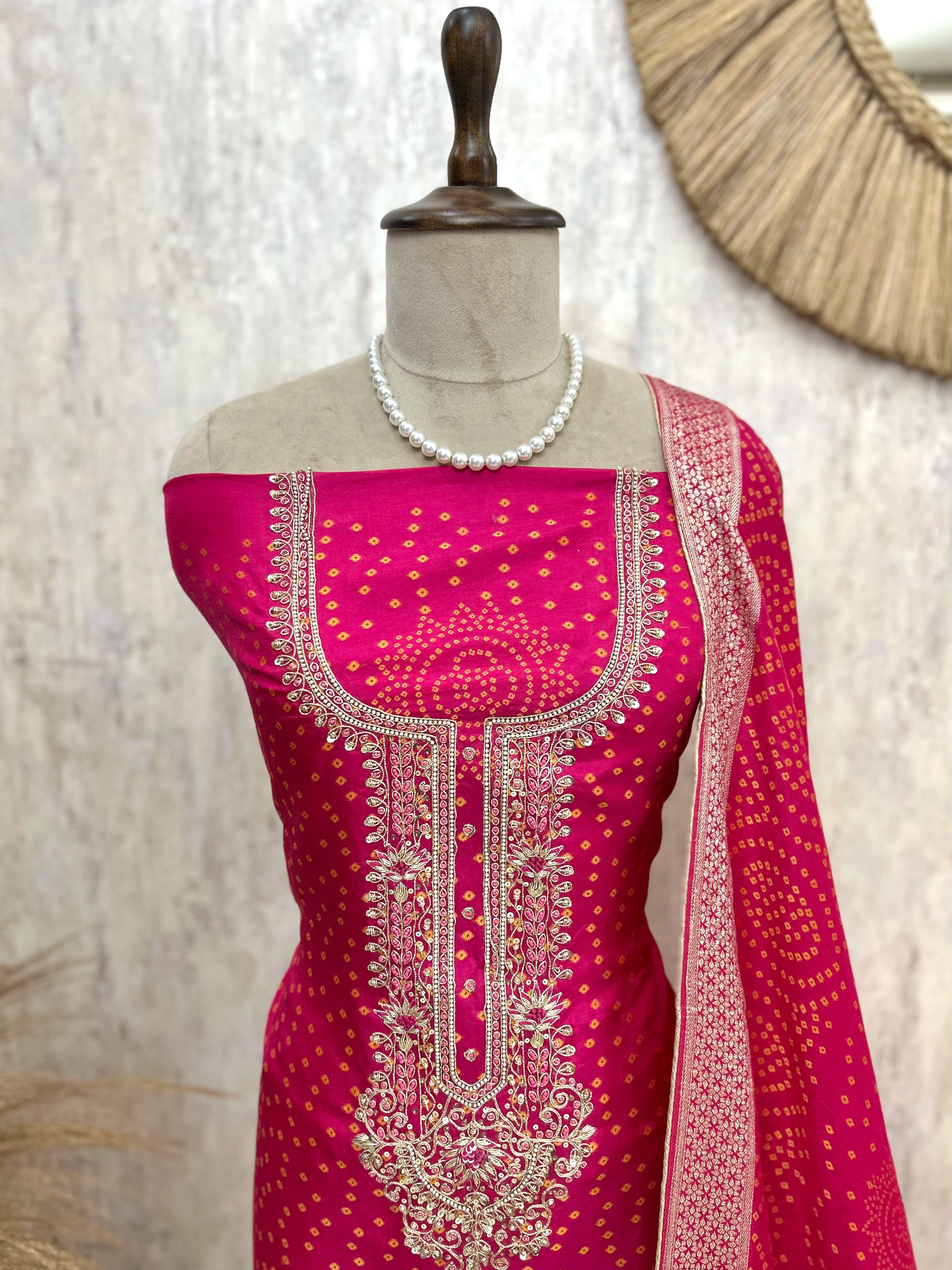 Bandhani Concept On Dola Silk Unstitched Suit Set